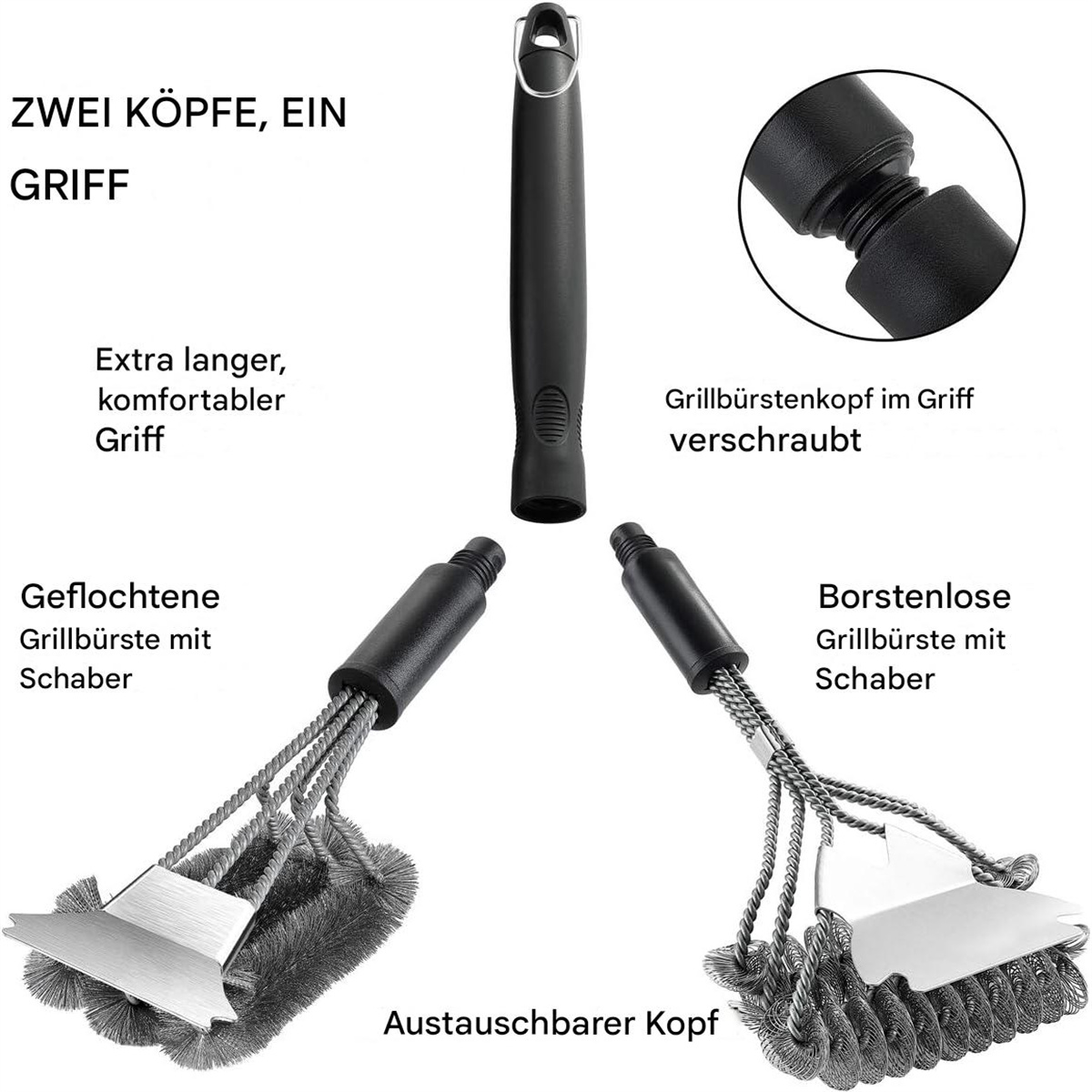 Drei Grillbürsten, eine mit langem Griff und austauschbaren Köpfen.