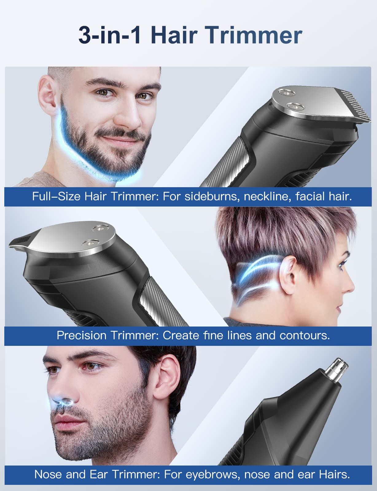 3-in-1 Haarschneider. Bart, feine Linien und Nasenhaare trimmen.