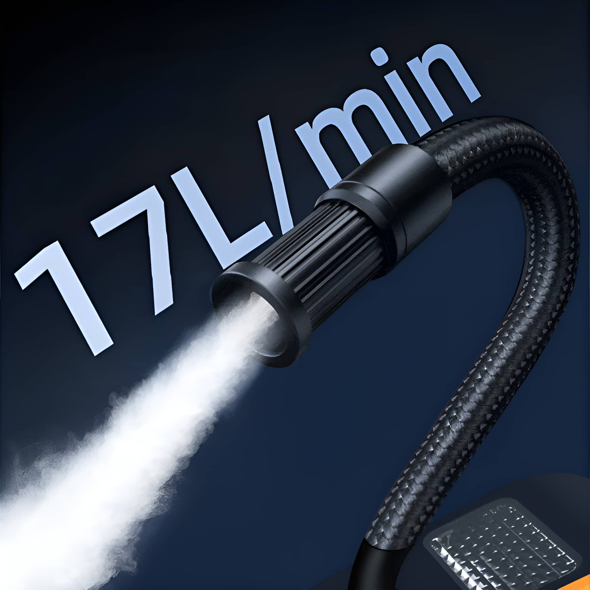 Luftpumpe mit weißem Dampf. Text: 17 l/min. Die Pumpe ist schwarz mit gebogenem Schlauch.