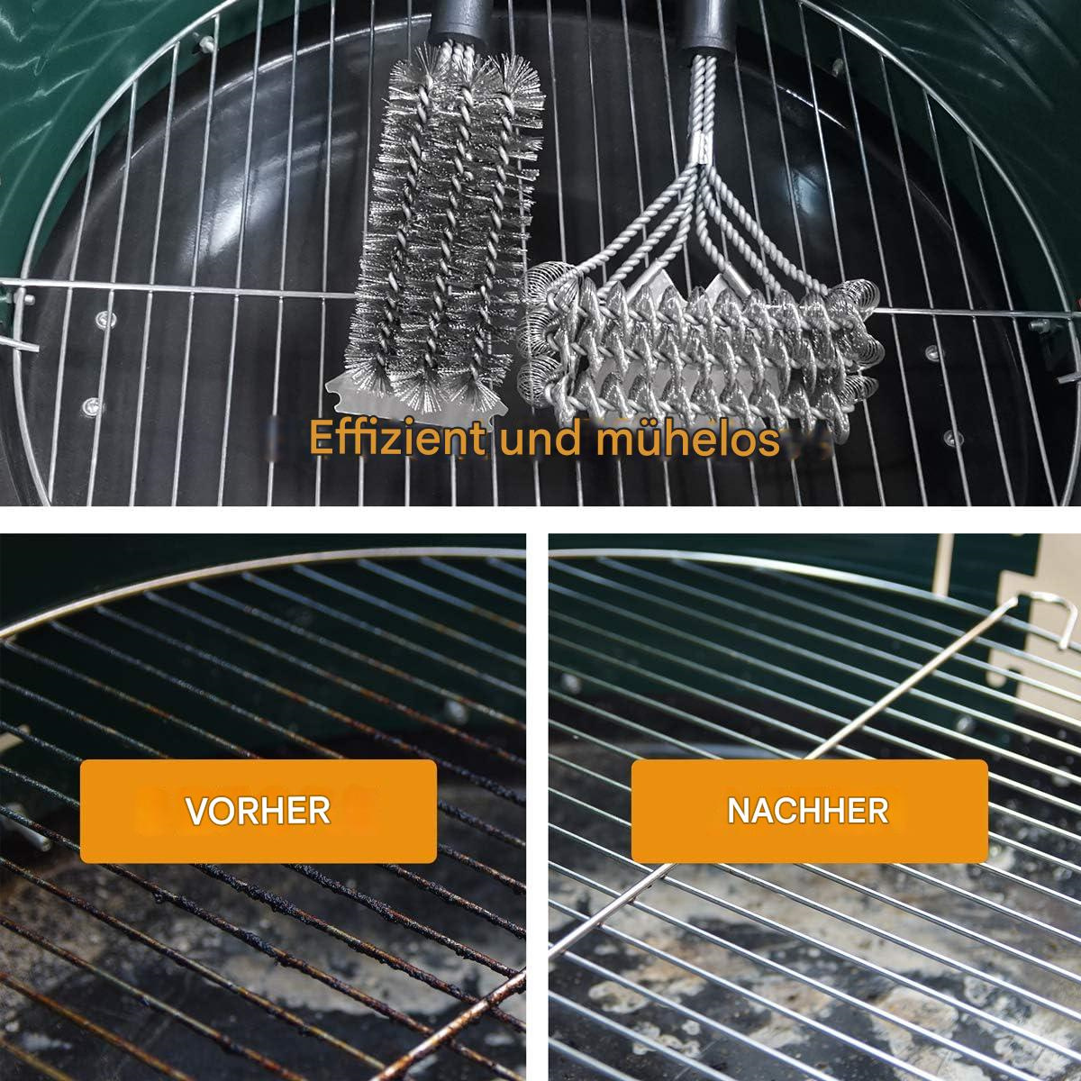 Bilder eines Grillrosts, einmal vor und nach der Reinigung mit Reinigungsbürsten.