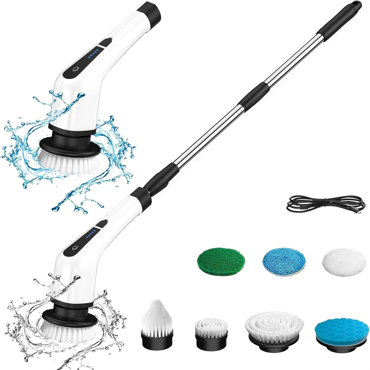Weißer elektrischer Schrubber mit mehreren Bürstenköpfen und Wasserspray. Weißer Hintergrund.