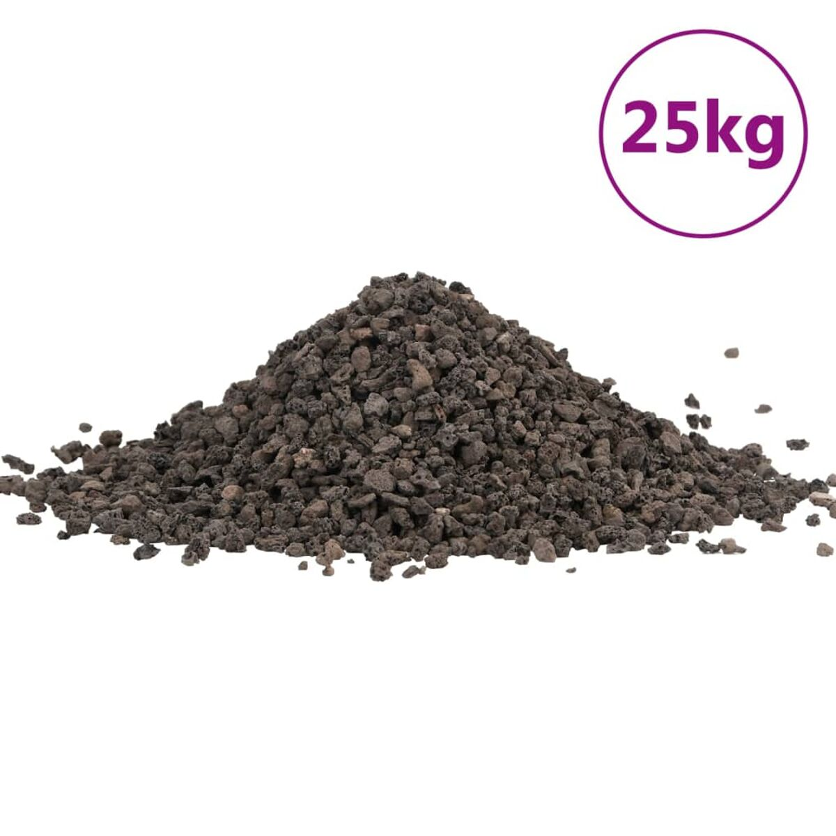 Pila di rocce laviche marrone scuro. Un'etichetta mostra un peso di 25 kg.