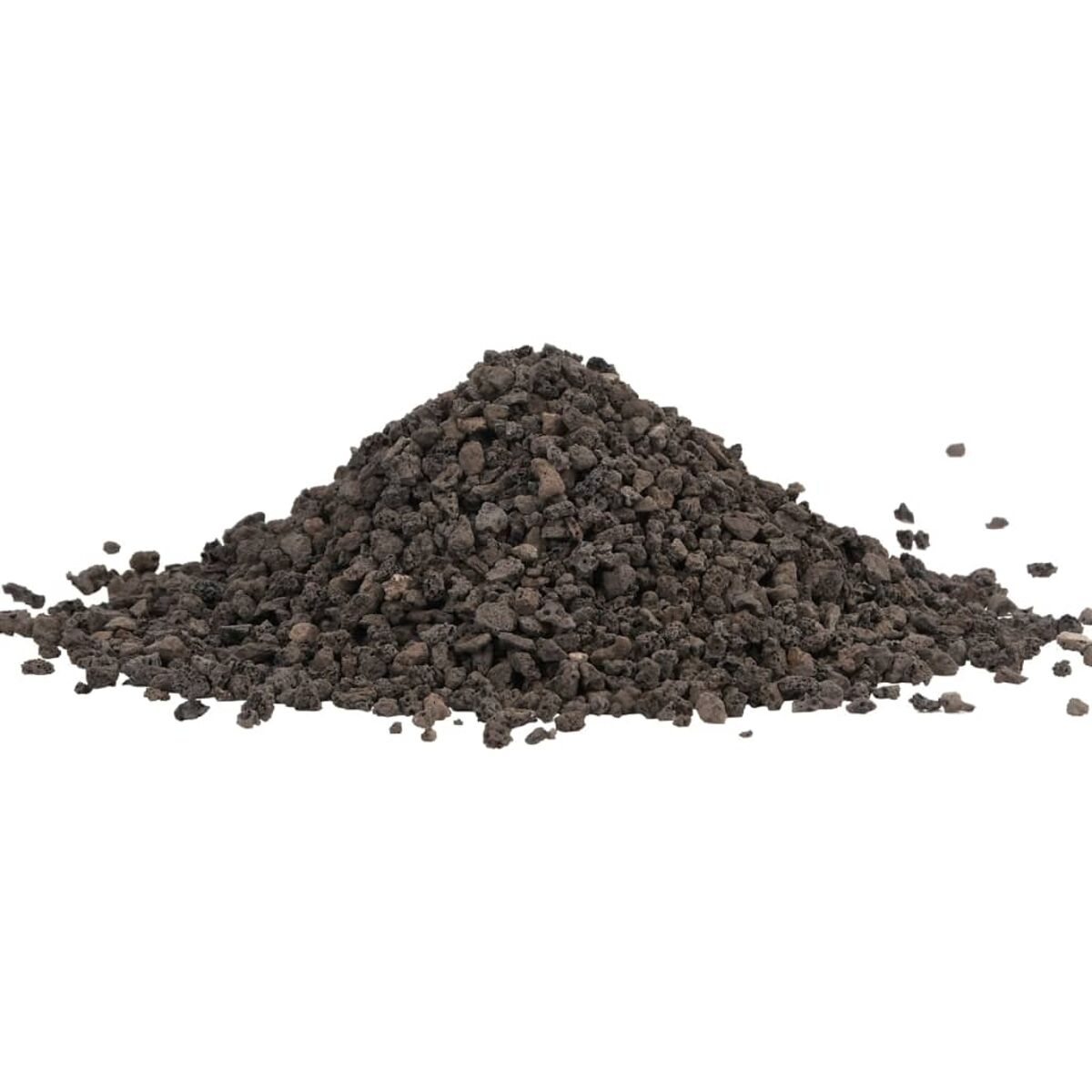 Pila di rocce laviche grigio scuro su sfondo bianco. Le rocce sono piccole, di forma irregolare.