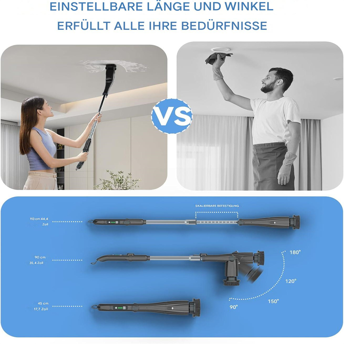 Eine Person reinigt eine Decke mit einem ausziehbaren Staubwedel. Das Bild zeigt verschiedene Winkel.