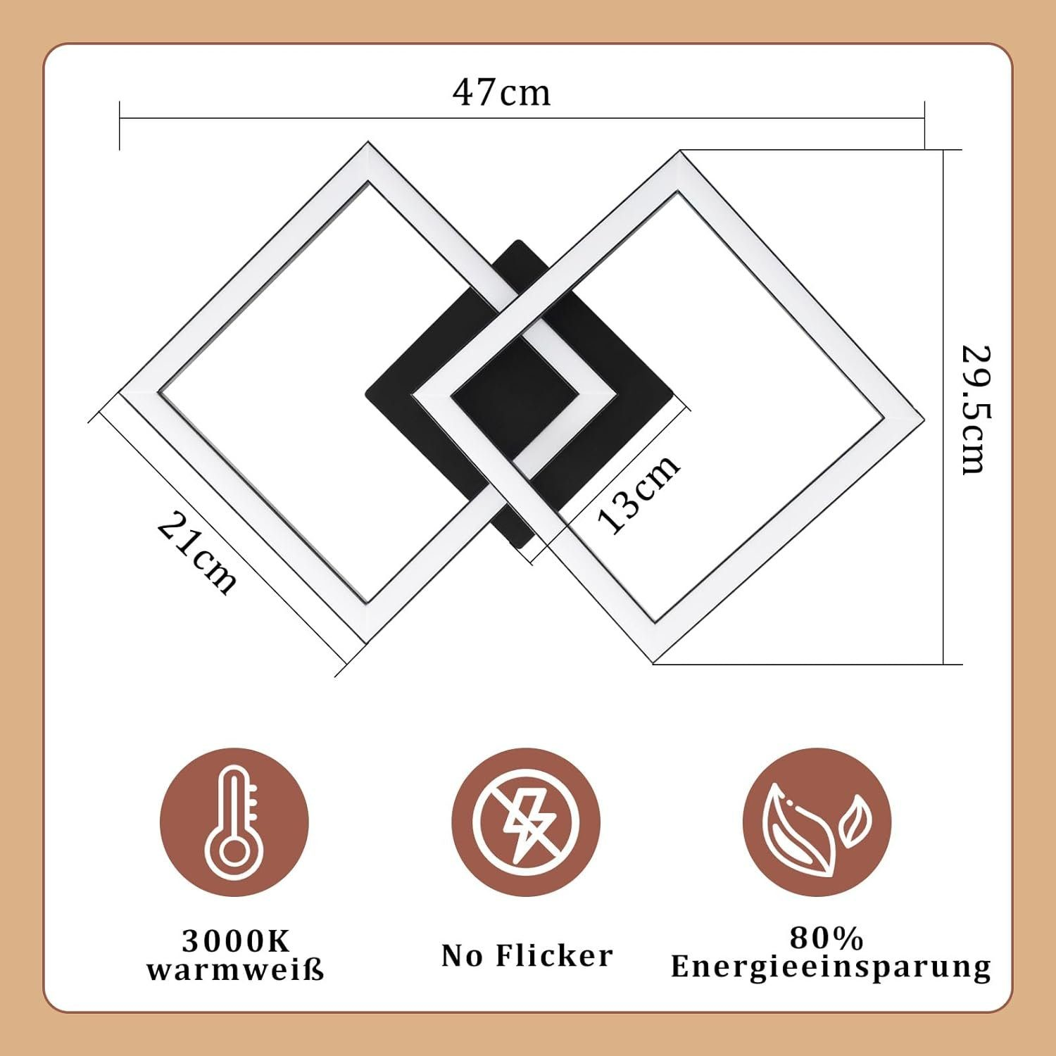 Nowoczesna lampa sufitowa o geometrycznym designie i wymiarach w cm.