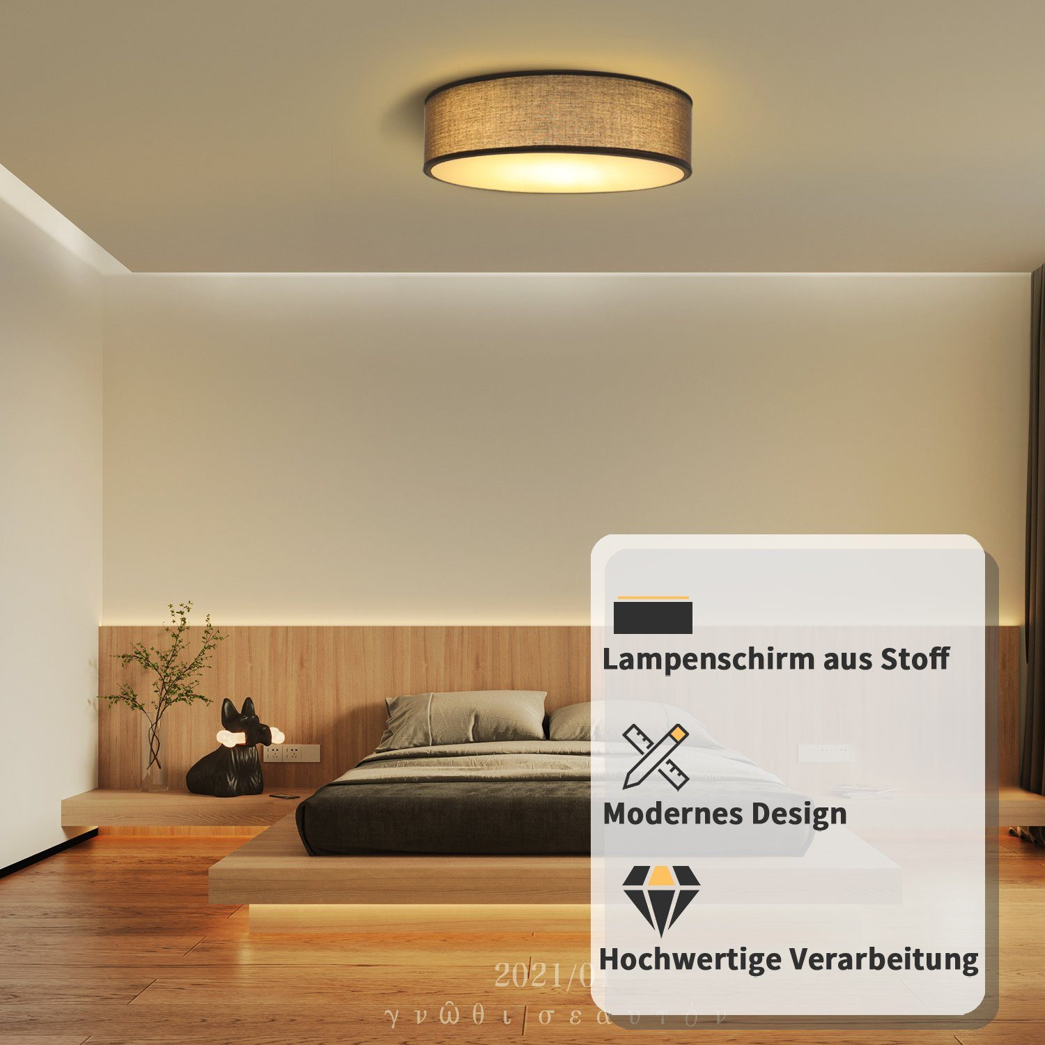 Un dormitorio moderno cuenta con una lámpara de techo redonda con una pantalla gris sobre una cama de plataforma.
