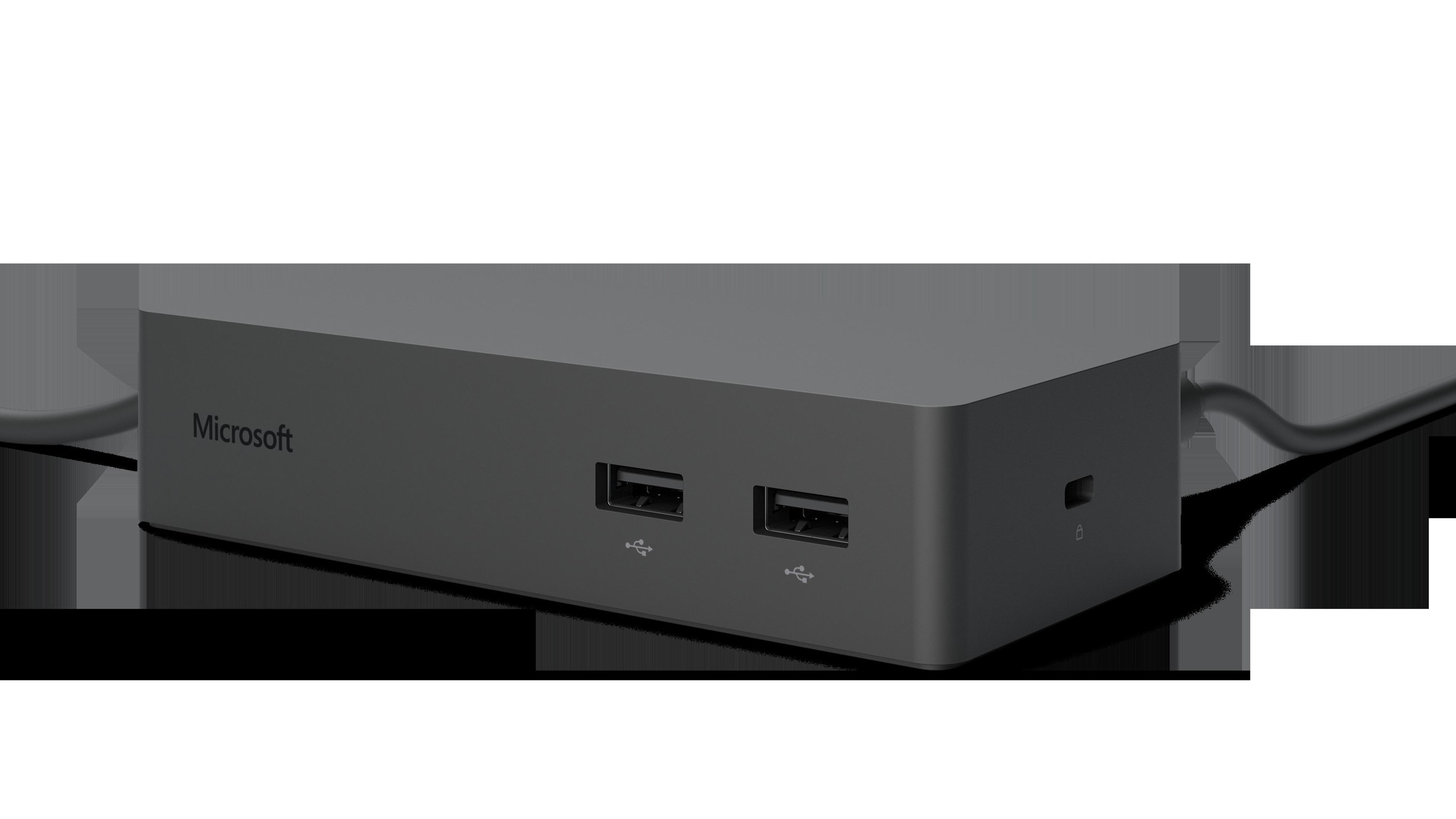 Ein dunkelgraues Microsoft Surface Dock mit zwei USB-Anschlüssen und einem Ladeanschluss.