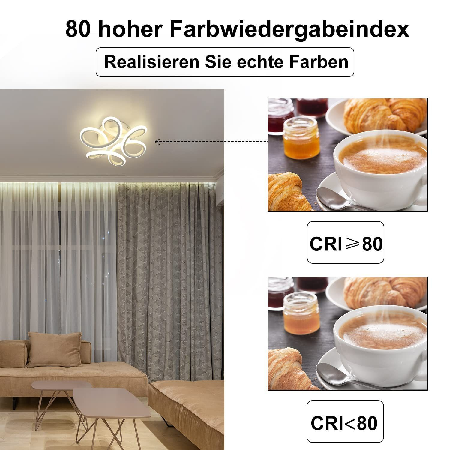 Una lámpara de techo con diseño moderno. Dos imágenes muestran cómo la fuente de luz afecta la habitación.