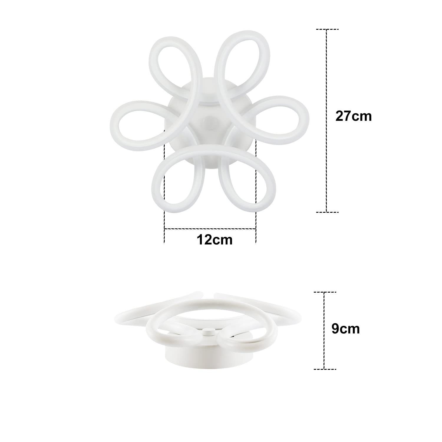Una lámpara de techo blanca en forma de flor con dimensiones.