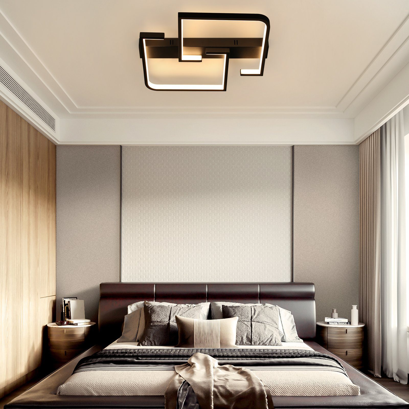Dormitorio moderno con una lámpara de techo. Incluye una cama, mesitas de noche y una paleta de colores neutros.