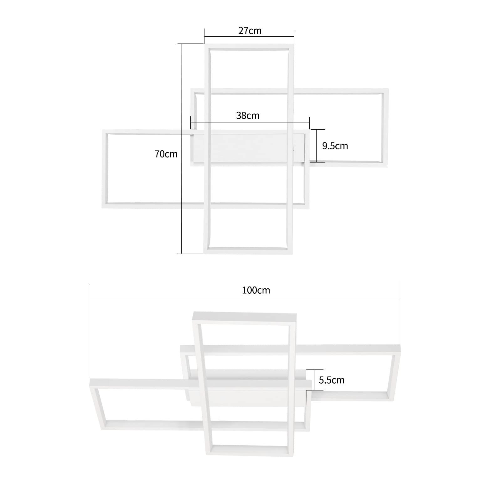 Schemat białej oprawy sufitowej o wymiarach 27 cm, 38 cm, 70 cm, 9,5 cm i 100 cm.