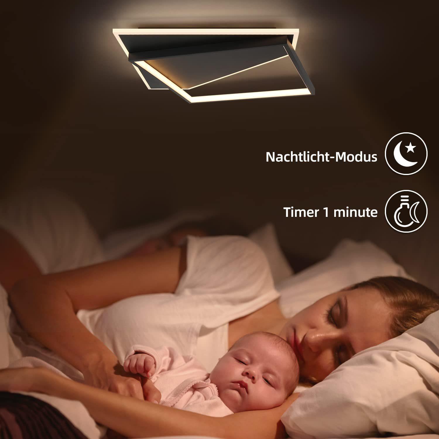 Madre y bebé durmiendo bajo una luz de techo con modo nocturno y temporizador.