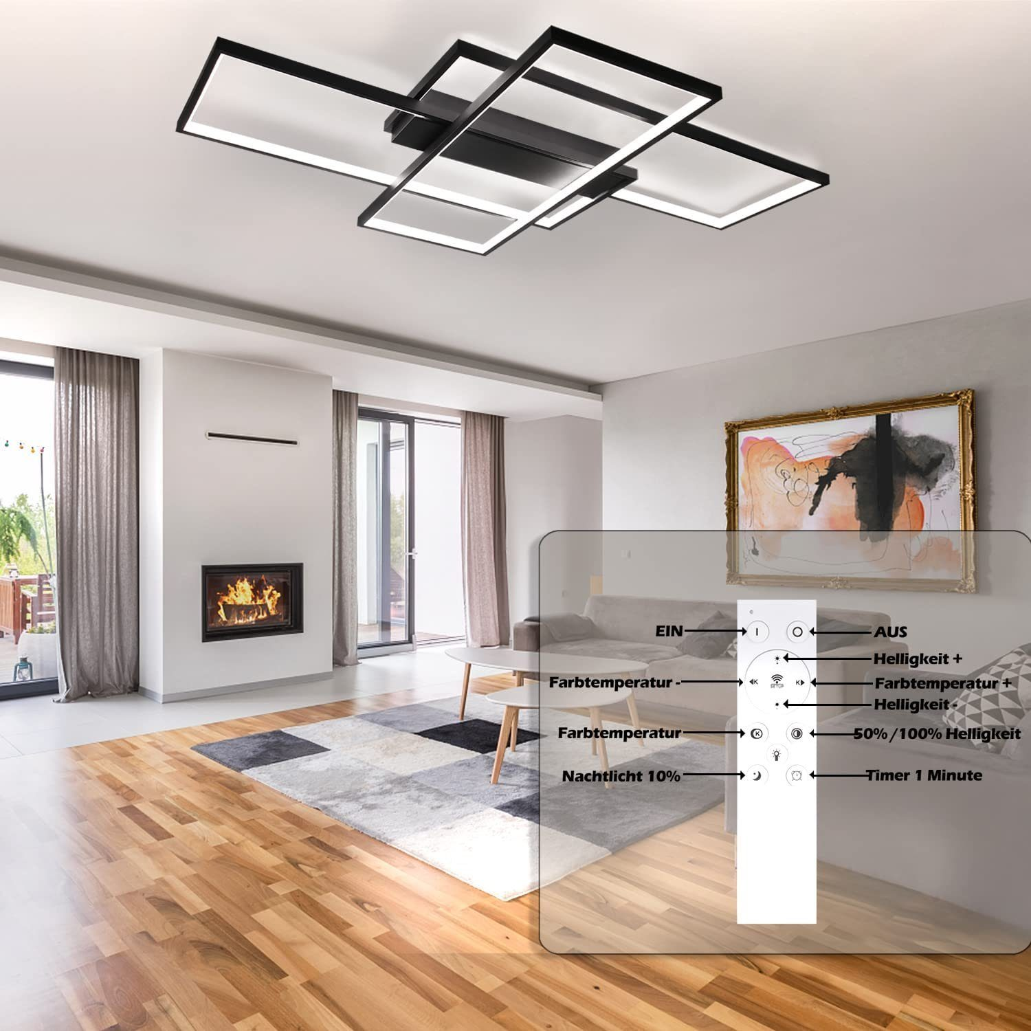 Nowoczesna lampa sufitowa z opcjami zdalnego sterowania i ustawieniami salonu.
