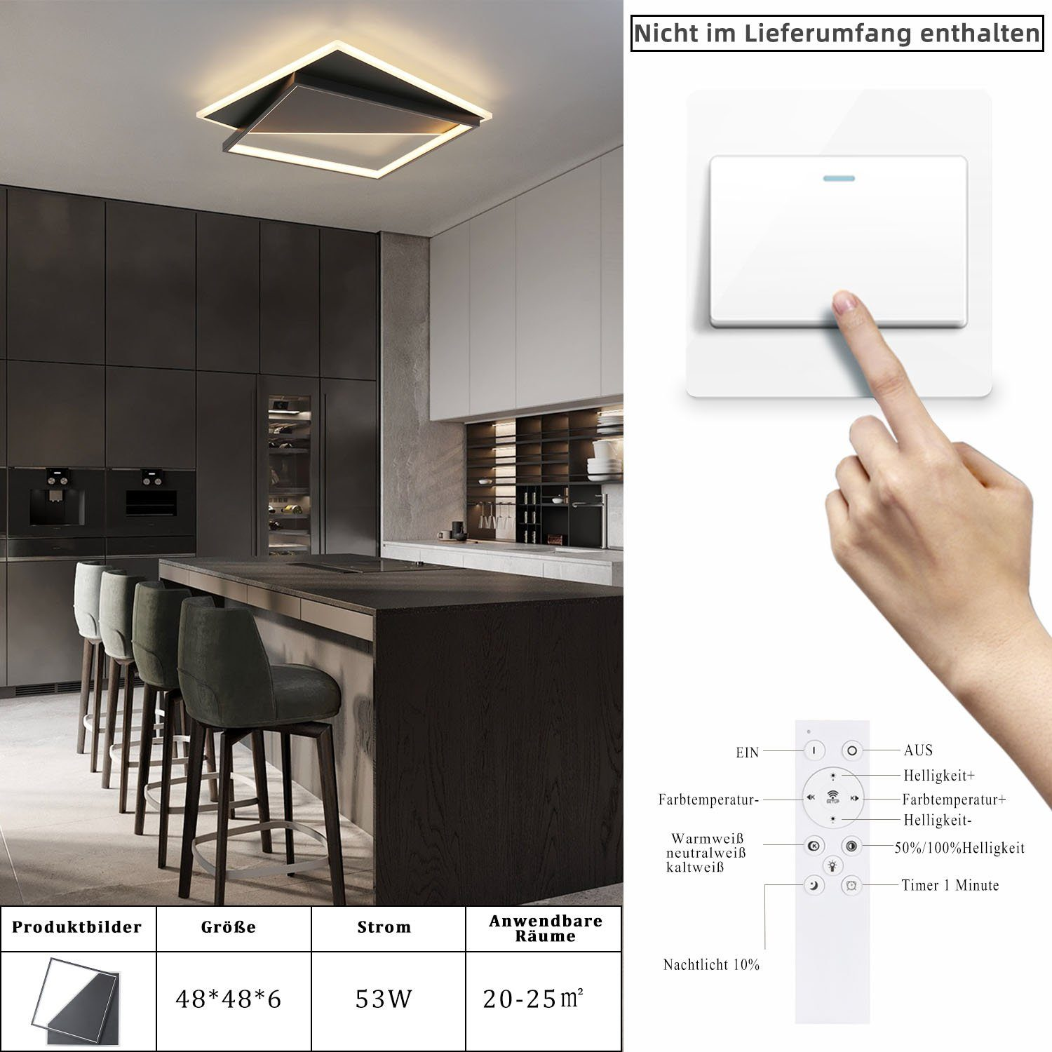 Cocina moderna con lámpara, interruptor y panel de control a la derecha.