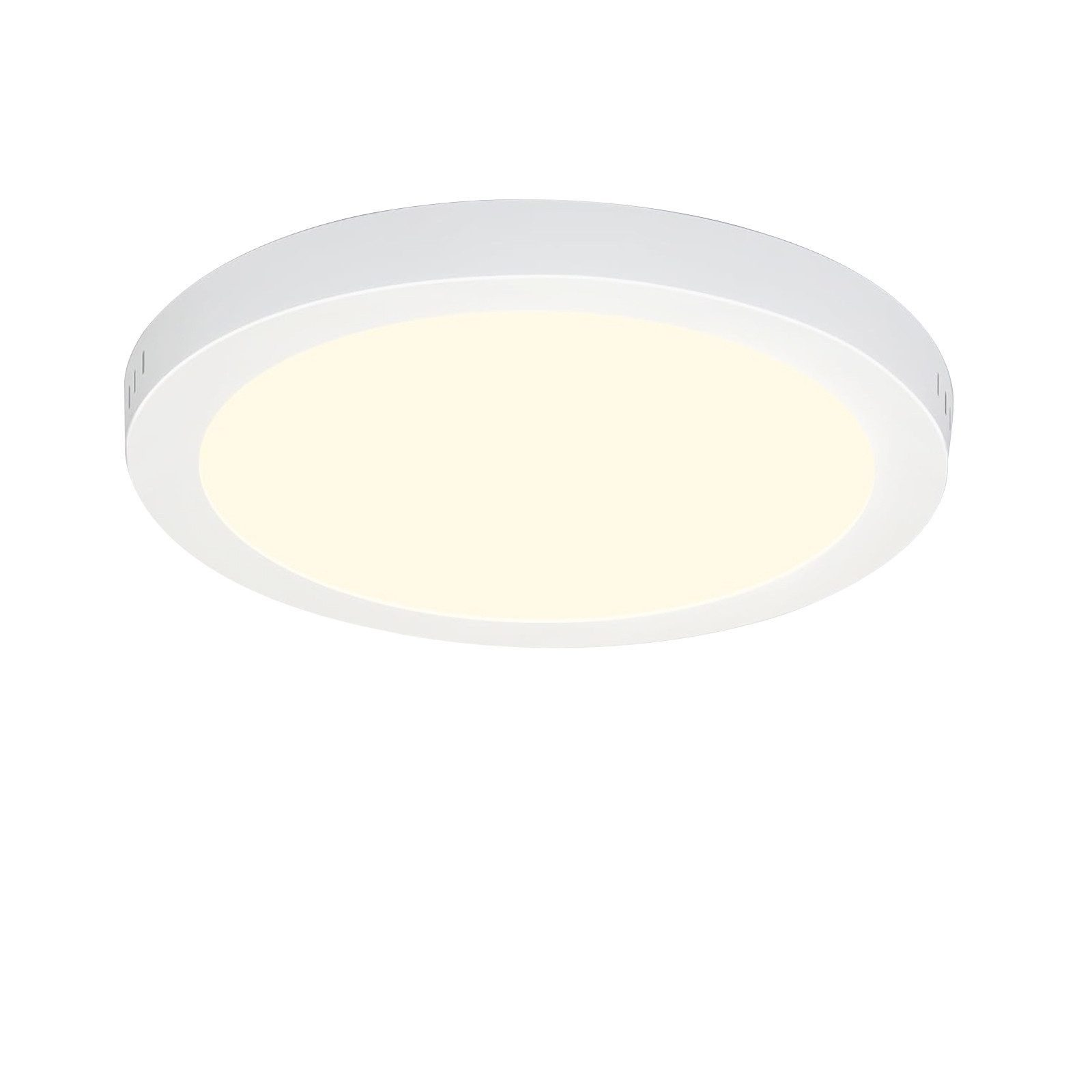 Plafond rotonda bianca su sfondo bianco. Emette luce calda.