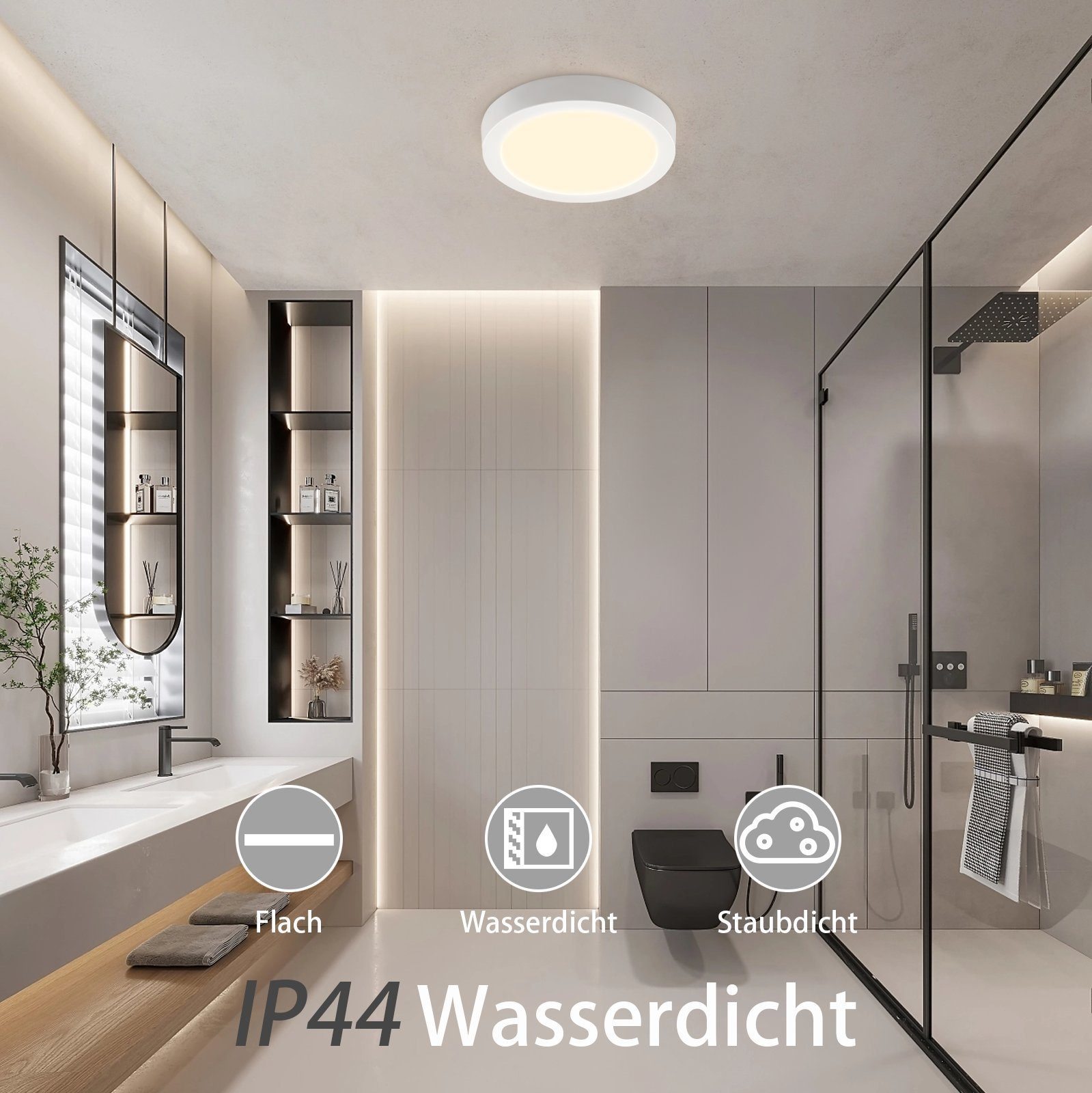 Un bagno moderno con una plafoniera bianca, un WC nero e una doccia in vetro. Testo: Impermeabile IP44.