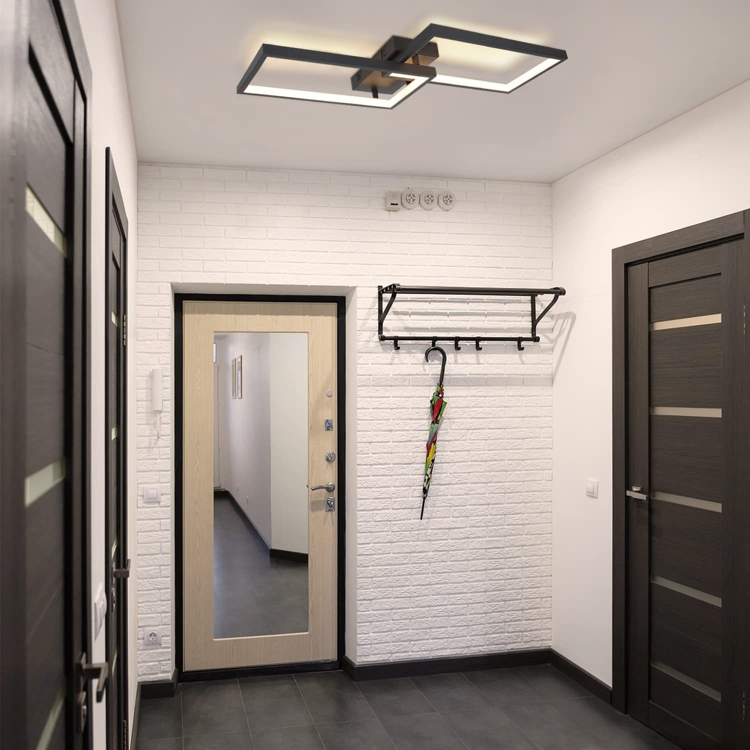Biała okrągła lampa sufitowa z ikonami ochrony oczu, łatwej instalacji, 28W i wodoodporności IP44.