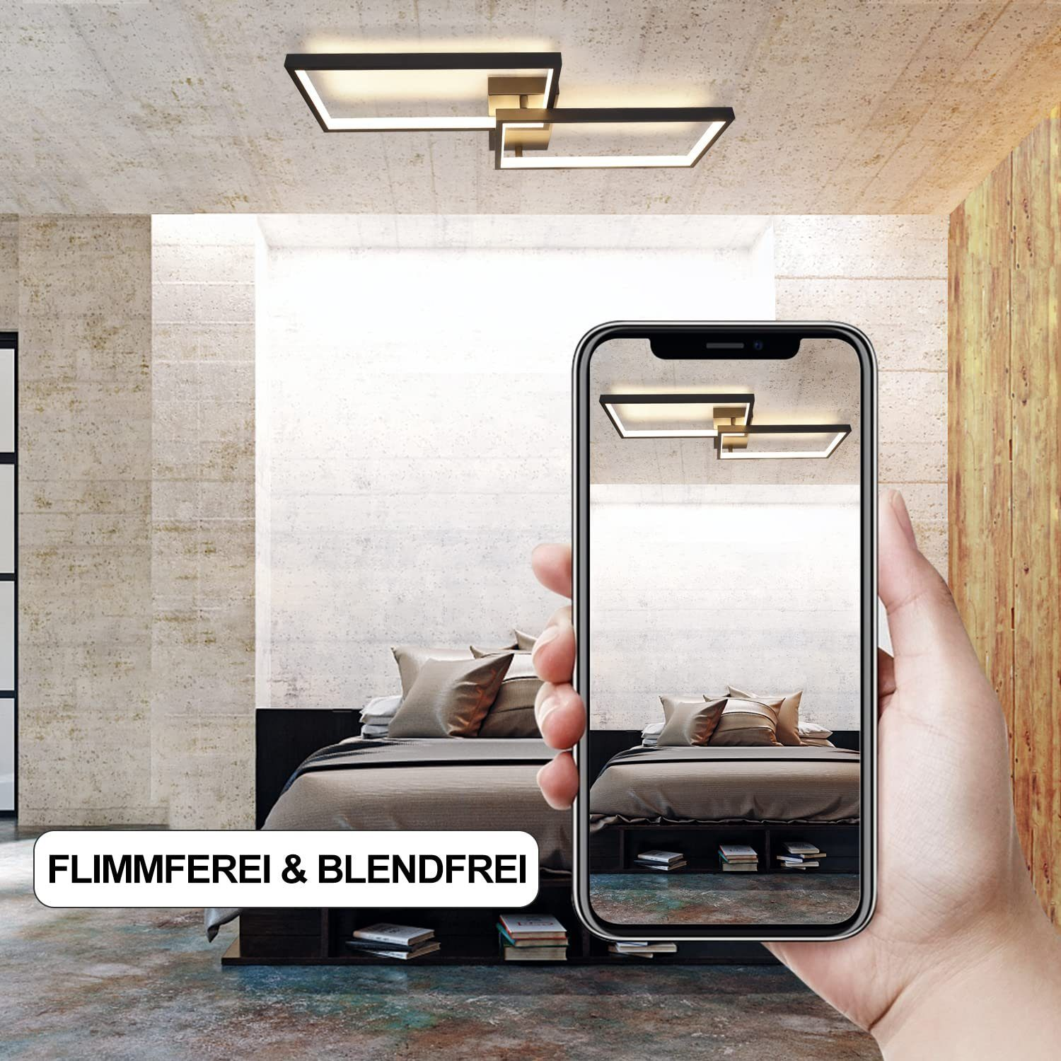 Ręka trzymająca telefon z lampą sufitową nad łóżkiem. Tekst: 'Flimmerfrei & Blendfrei'.