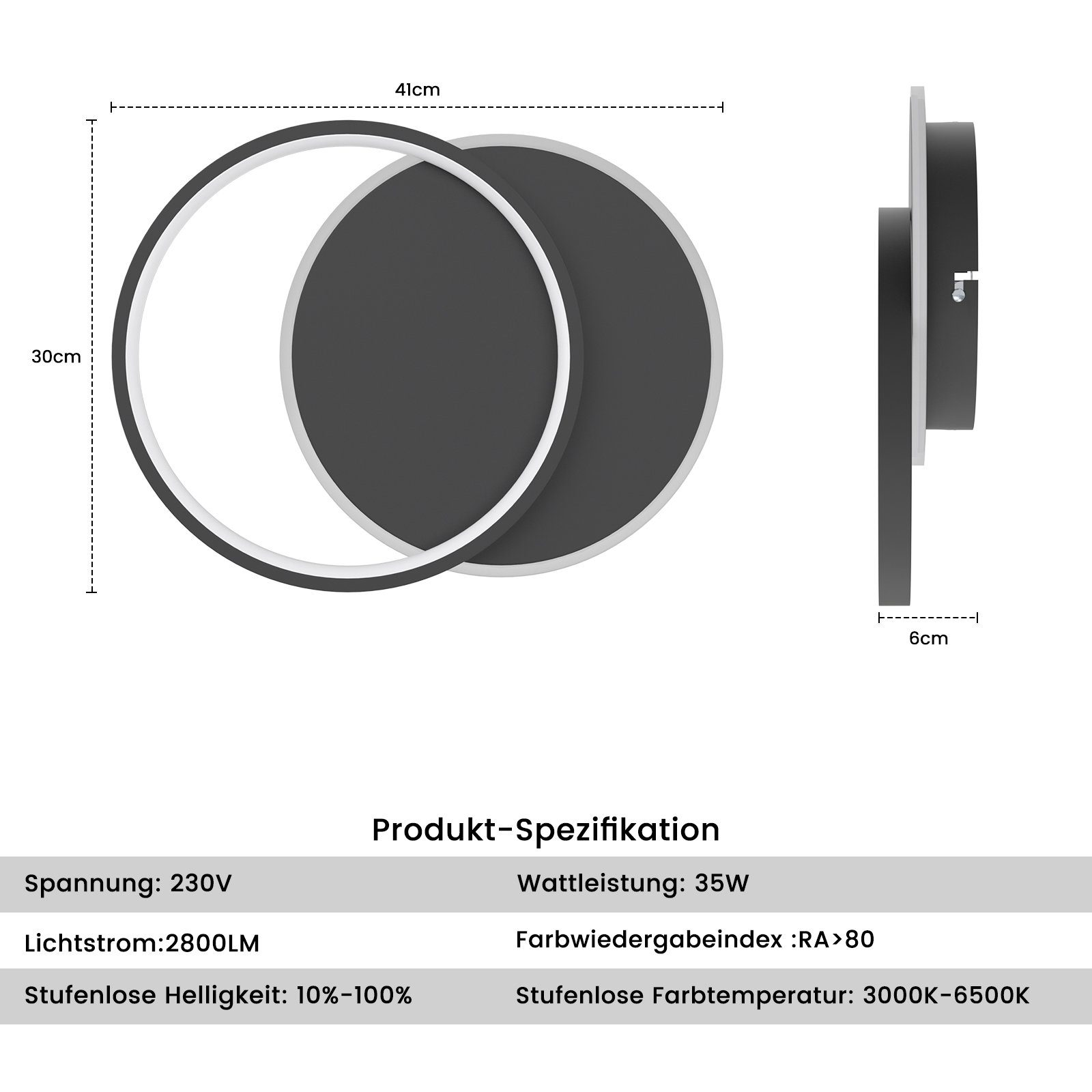 Luz de techo circular moderna en blanco y negro con dimensiones y especificaciones.
