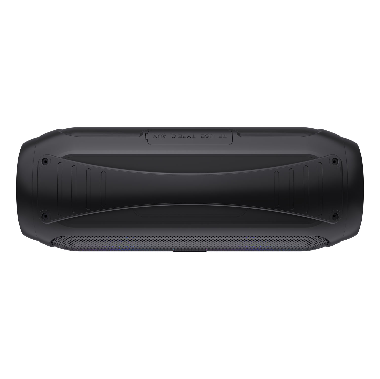 Zwarte speaker met aansluitingen aan de bovenkant.