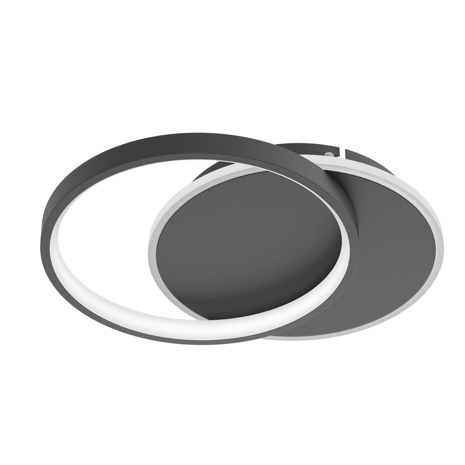 Una moderna lámpara de techo circular gris con una fuente de luz interna blanca.