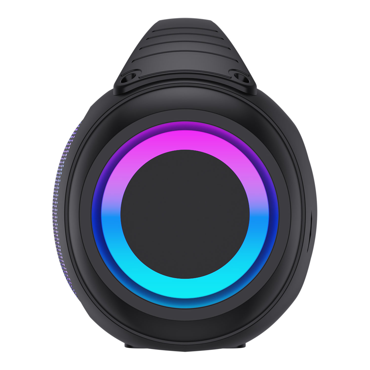 Zwarte luidspreker met een kleurrijke LED-ring rond een centrale donkere cirkel.