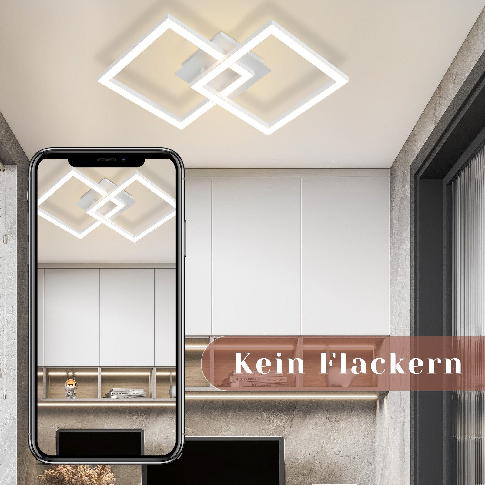 Un teléfono inteligente muestra una luz de techo. La luz tiene forma cuadrada. El texto en pantalla dice: Kein Flackern.