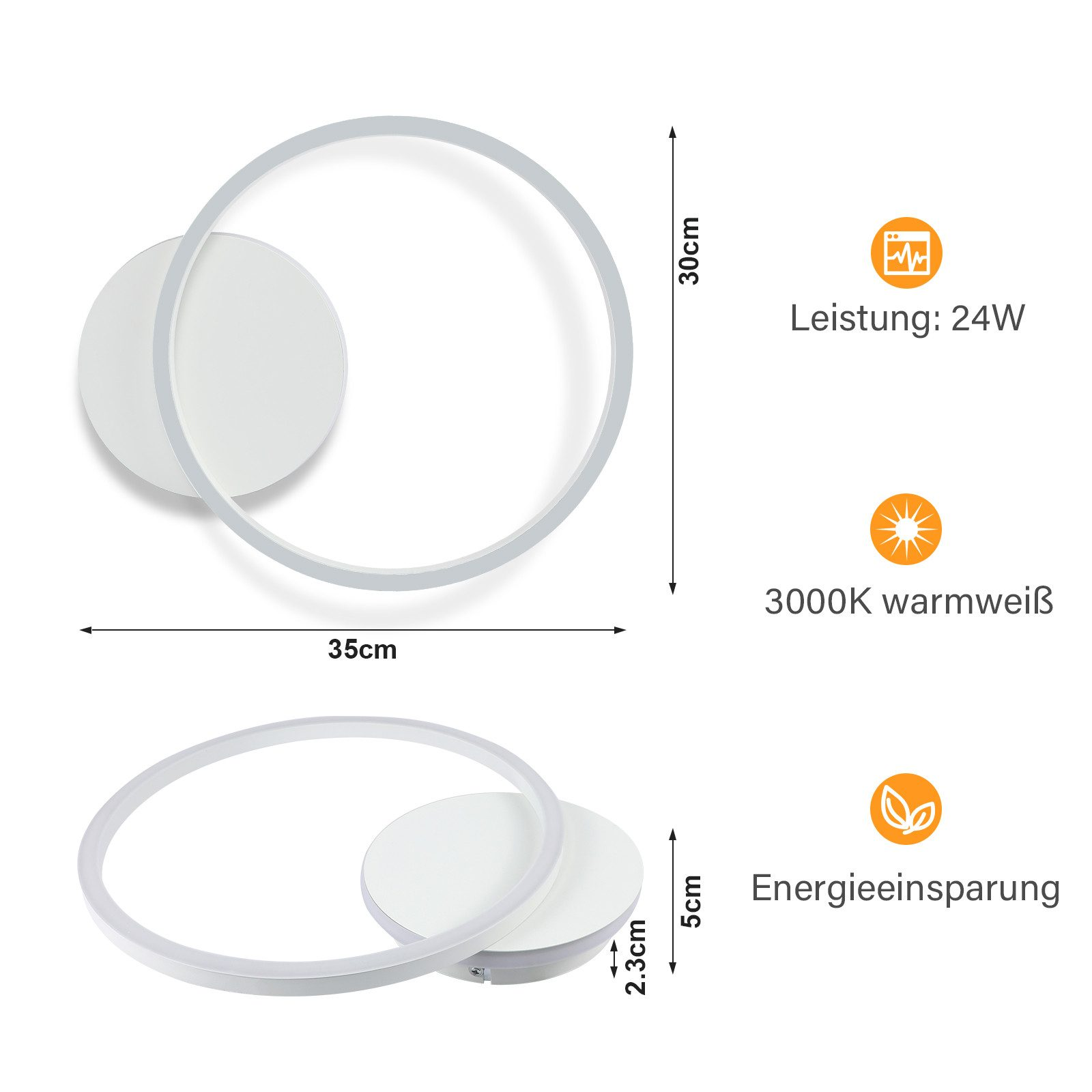 Lámpara de pared blanca con base redonda y luminaria circular, dimensiones mostradas.