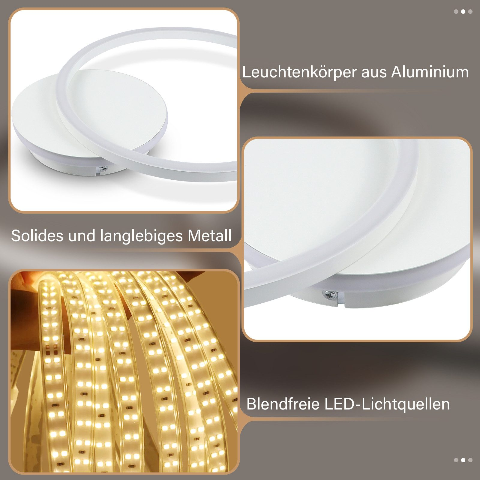 Primer plano de una lámpara de techo circular blanca. Detalles muestran marco de aluminio y tira LED sin deslumbramiento.