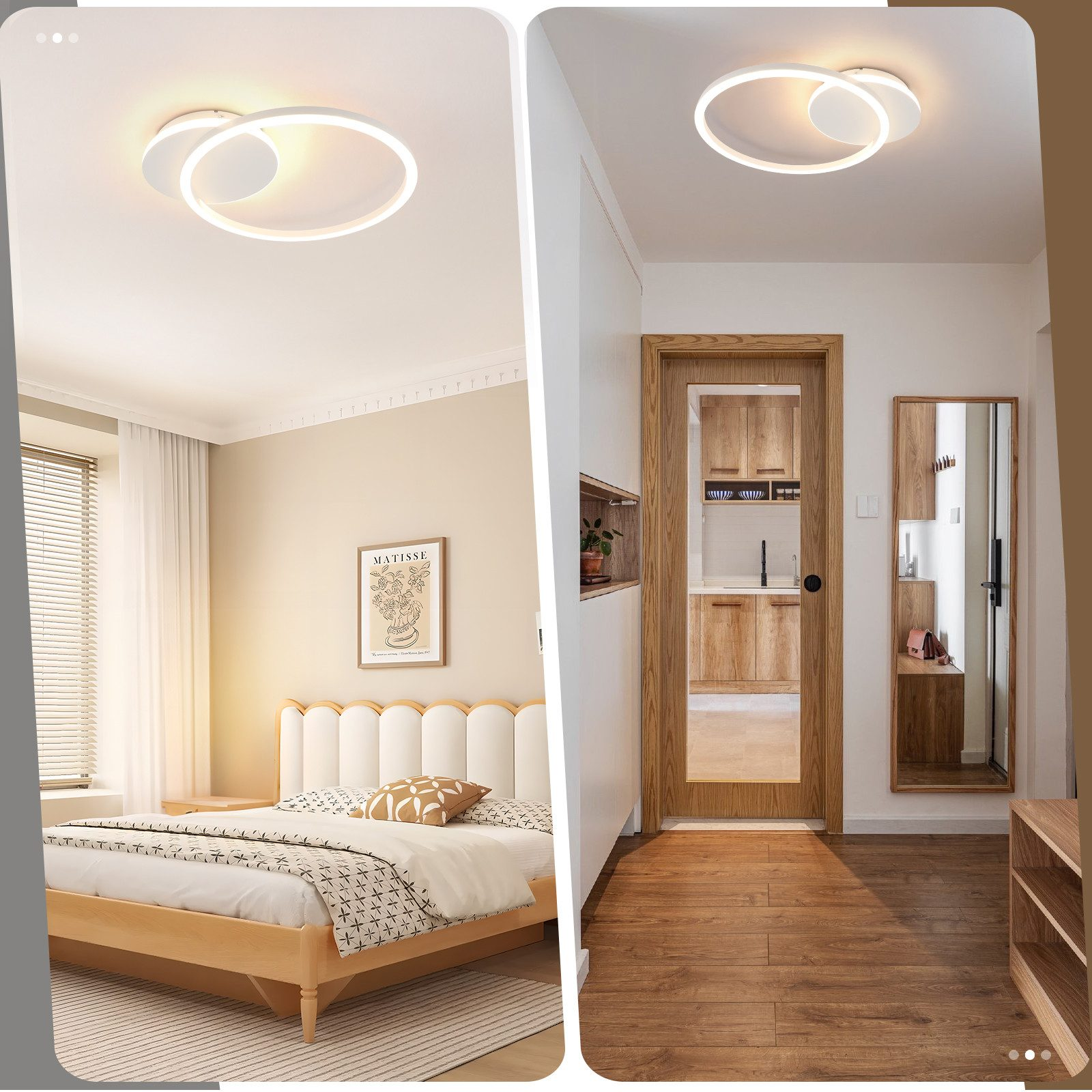 Due immagini: una camera da letto con una luce a soffitto rotonda e un corridoio con una luce simile e uno specchio.