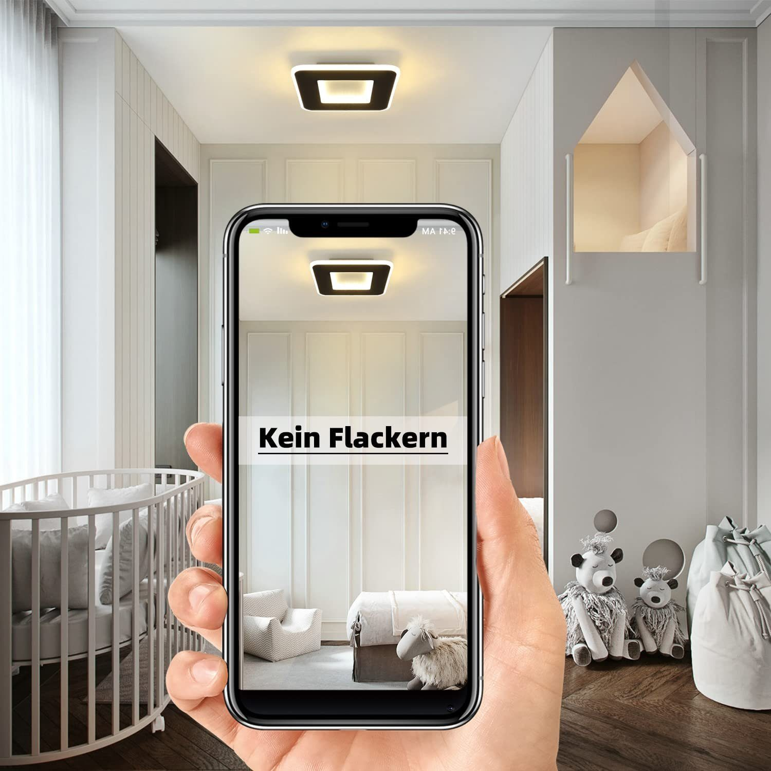Smartfon wyświetlający lampę sufitową z tekstem "Kein Flackern".