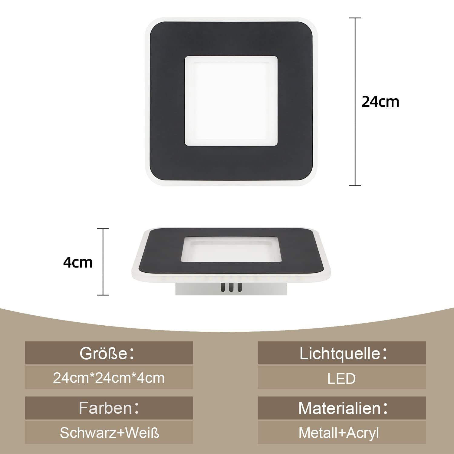 Kwadratowa czarno-biała lampa sufitowa LED z wymiarami i specyfikacjami.