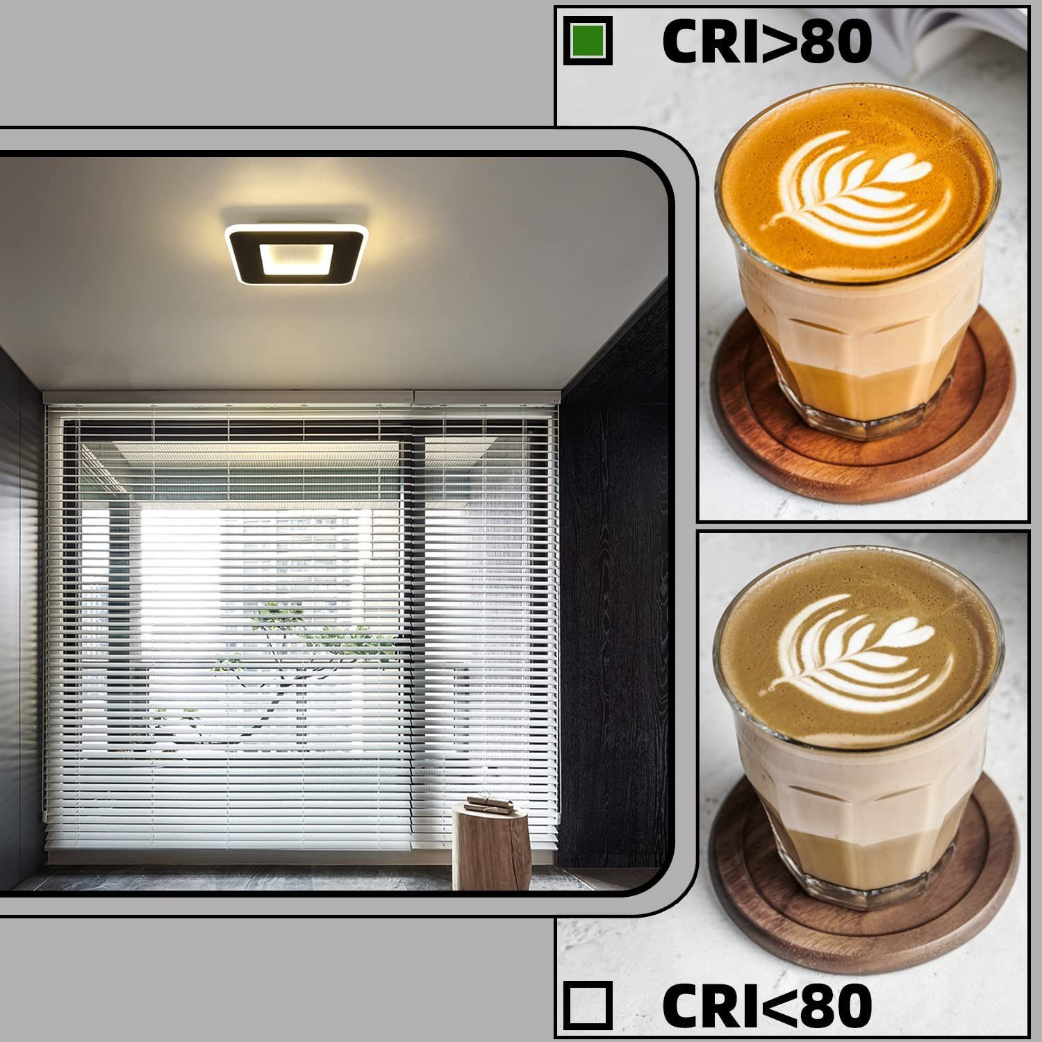 Dwa napoje kawowe z latte art na drewnianych podstawkach, obok nowoczesnej lampy sufitowej.