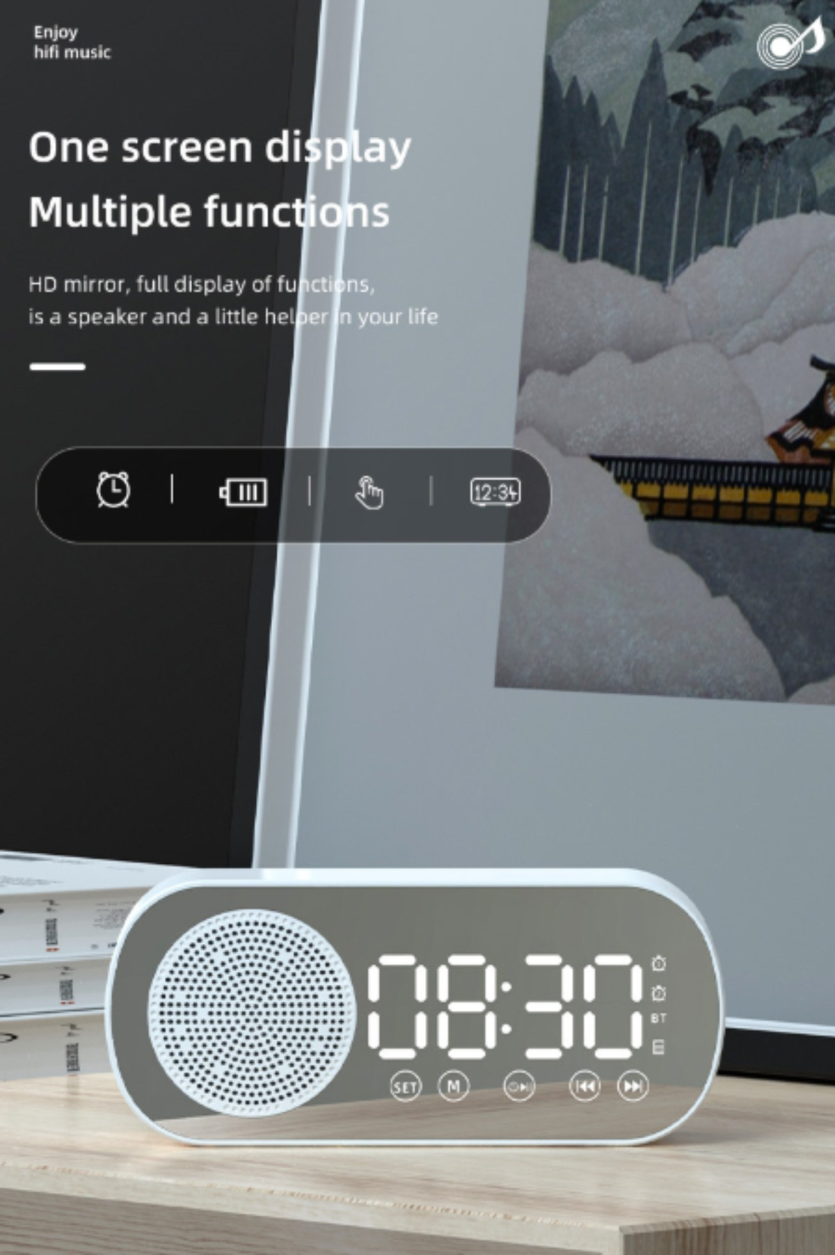 Eine Digitaluhr mit Spiegelfläche, die Zeit und Funktionen anzeigt, auf einer Holzoberfläche.