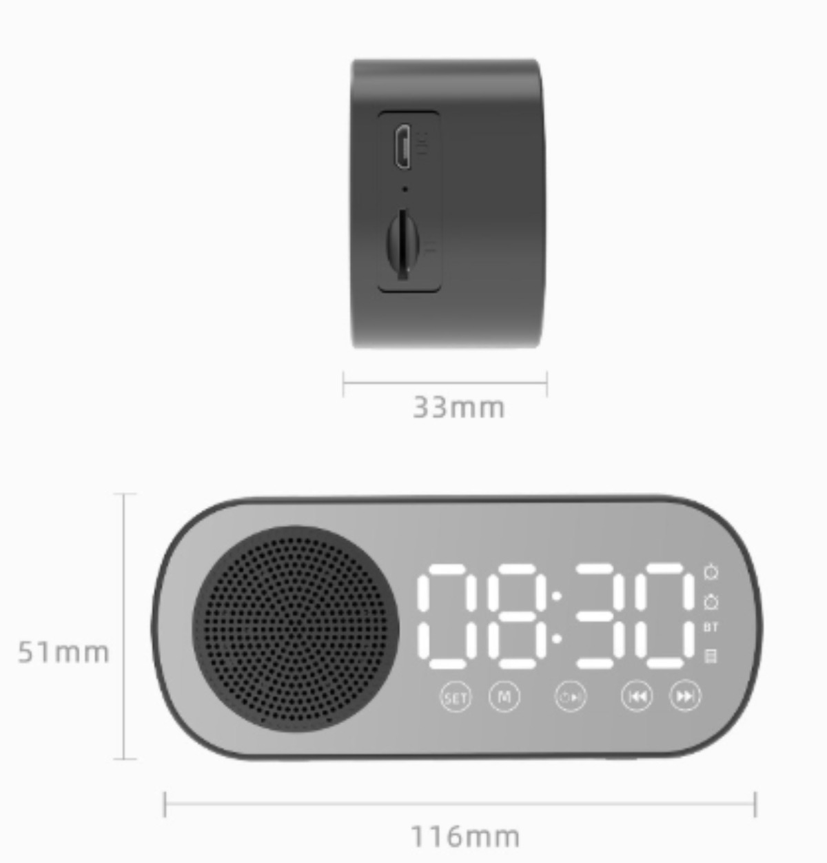 Ein schwarzer Lautsprecher und eine längliche Uhr. Die Uhr zeigt 08:30 an. Abmessungen sind in Millimetern angegeben.