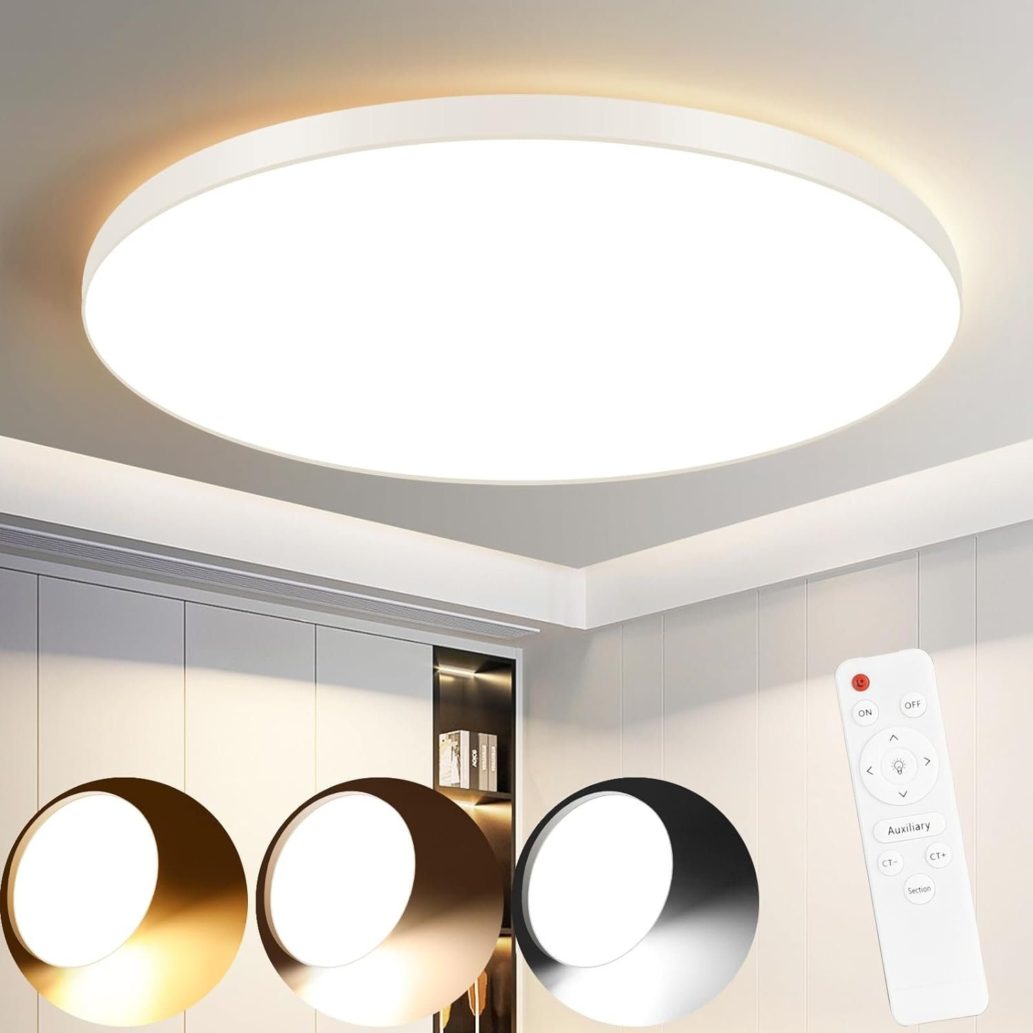 Una luz de techo redonda blanca con un mando a distancia y tres opciones de luz.