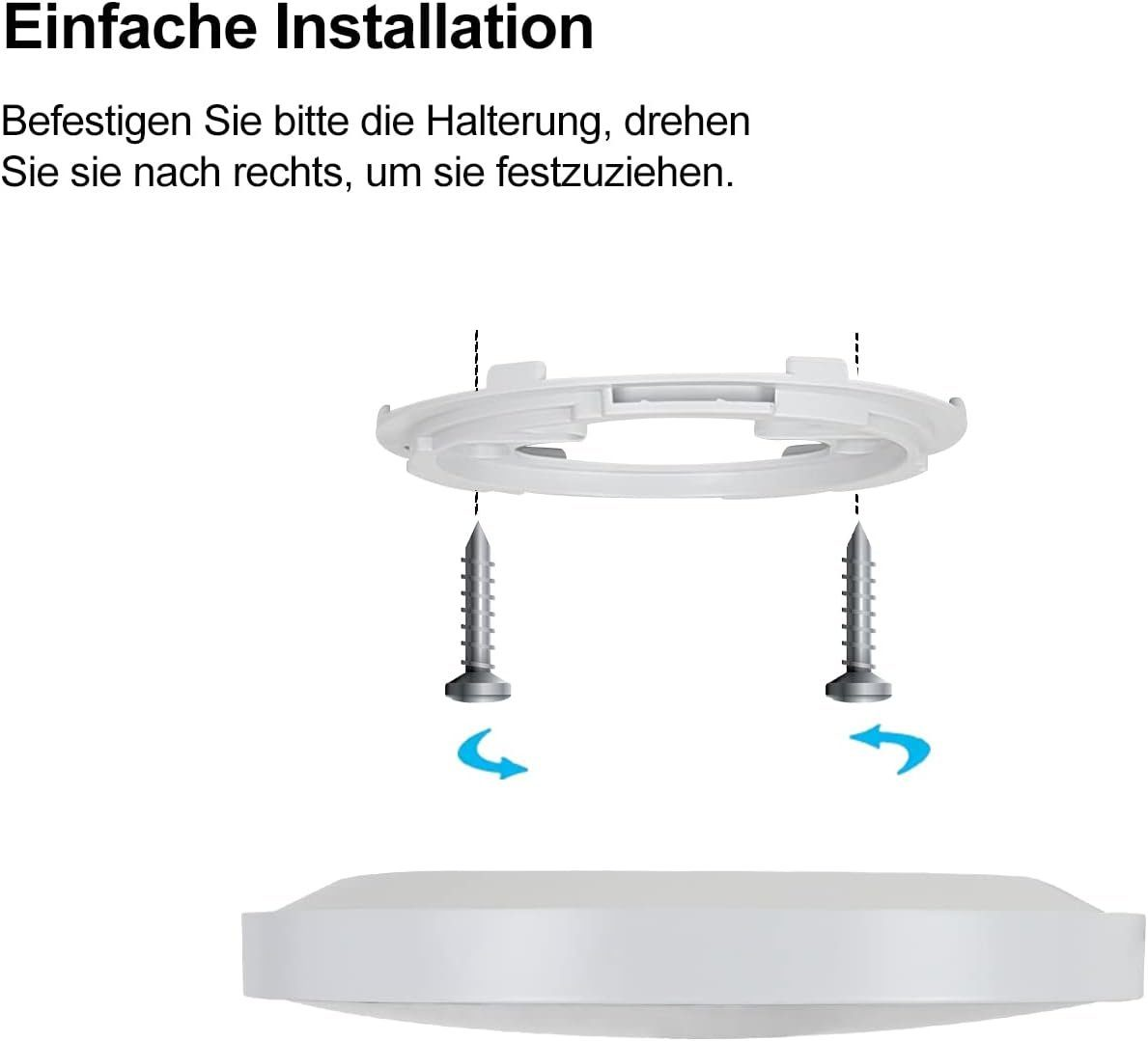 Dos tornillos y una lámpara circular blanca con instrucciones de texto blanco.