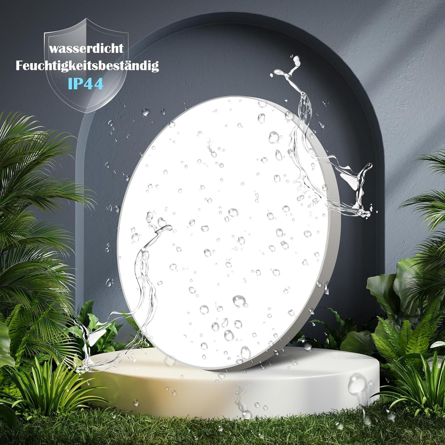 Luz LED circular blanca sobre pedestal con agua salpicando alrededor.