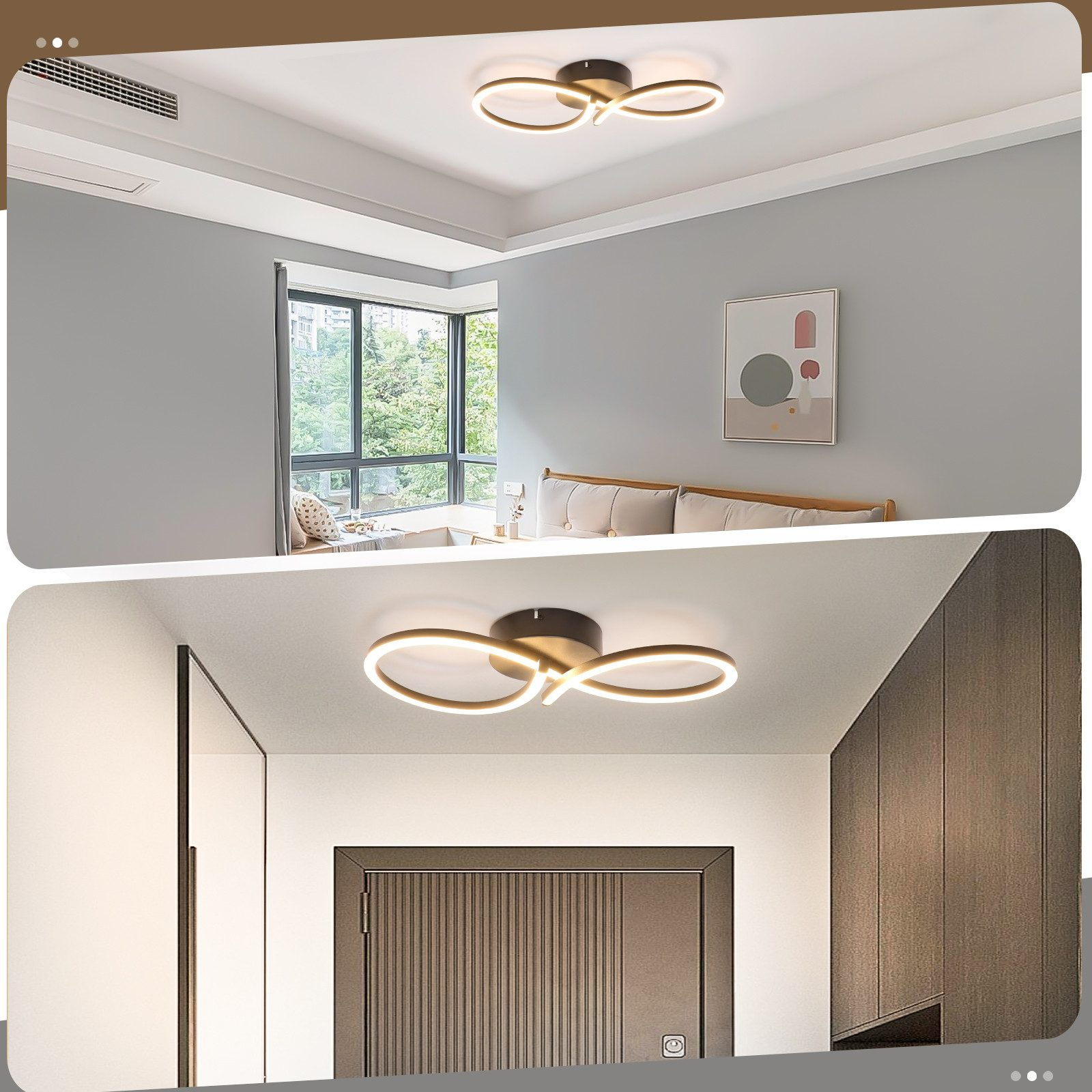 Due foto di plafoniere nelle stanze. Le luci sono un design dorato a forma di infinito.