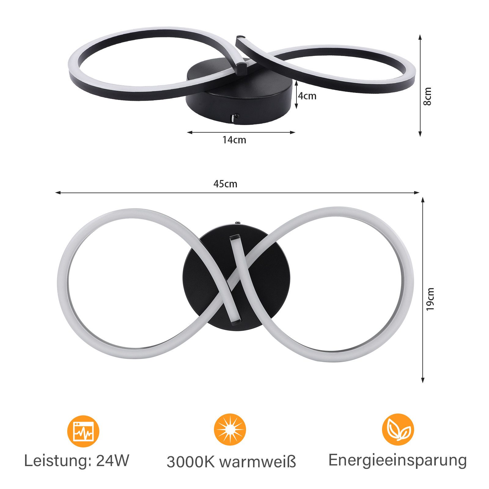 Un apparecchio per lampada da soffitto nero con due anelli luminosi a forma di infinito, con dimensioni.