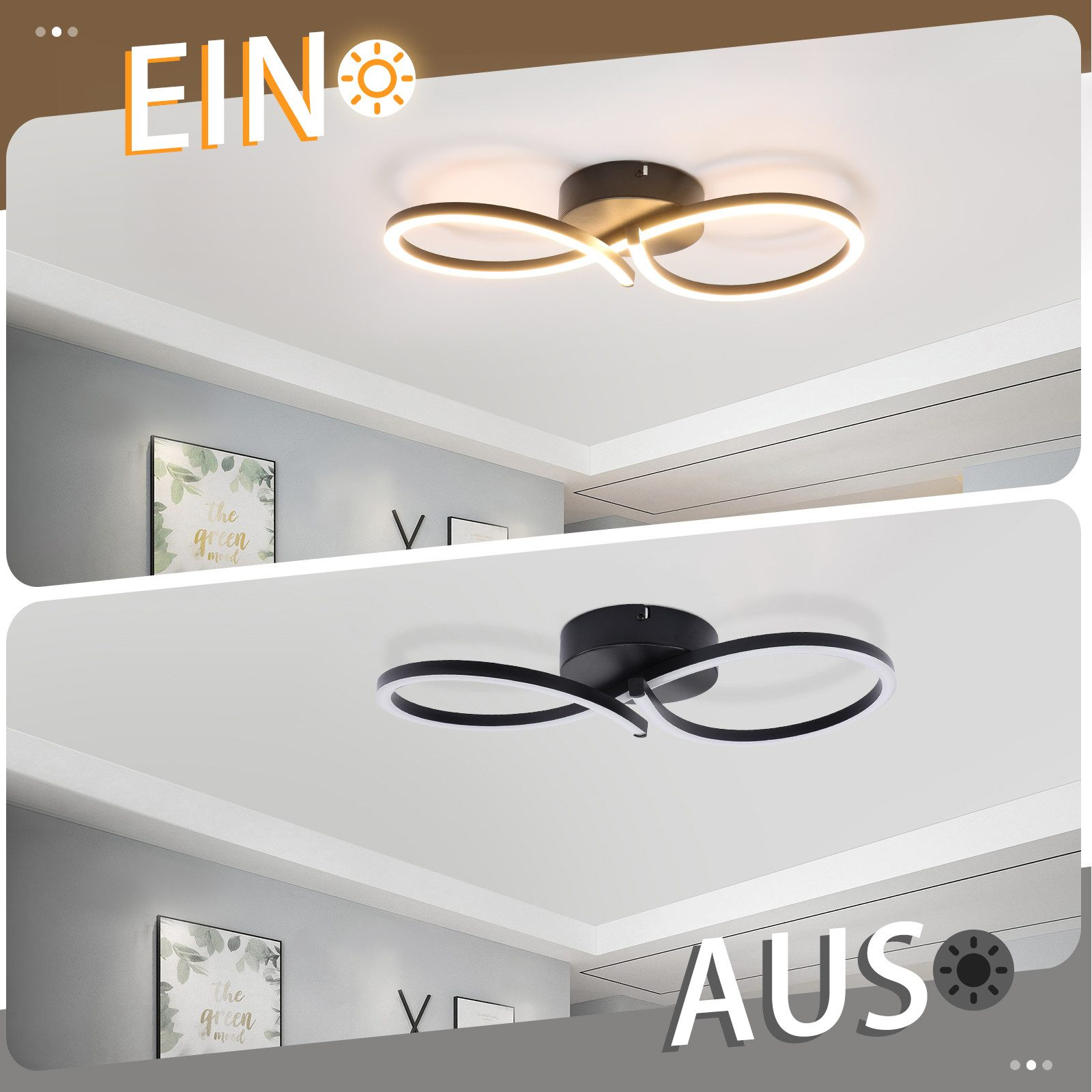 Due lampade da soffitto, una accesa e una spenta, ciascuna con un design nero e curvo.