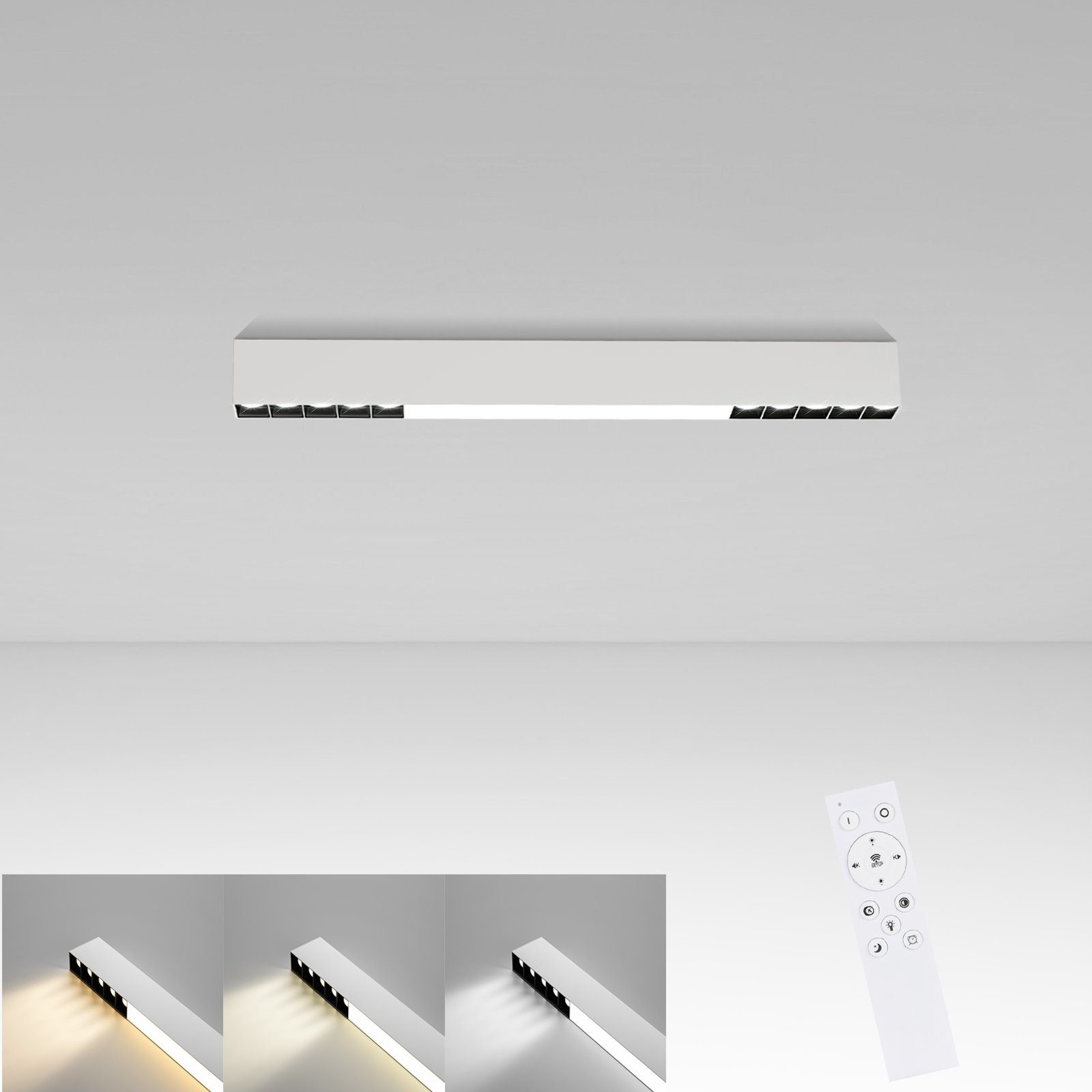 Se muestra una lámpara de techo blanca larga con un control remoto y diferentes temperaturas de luz.