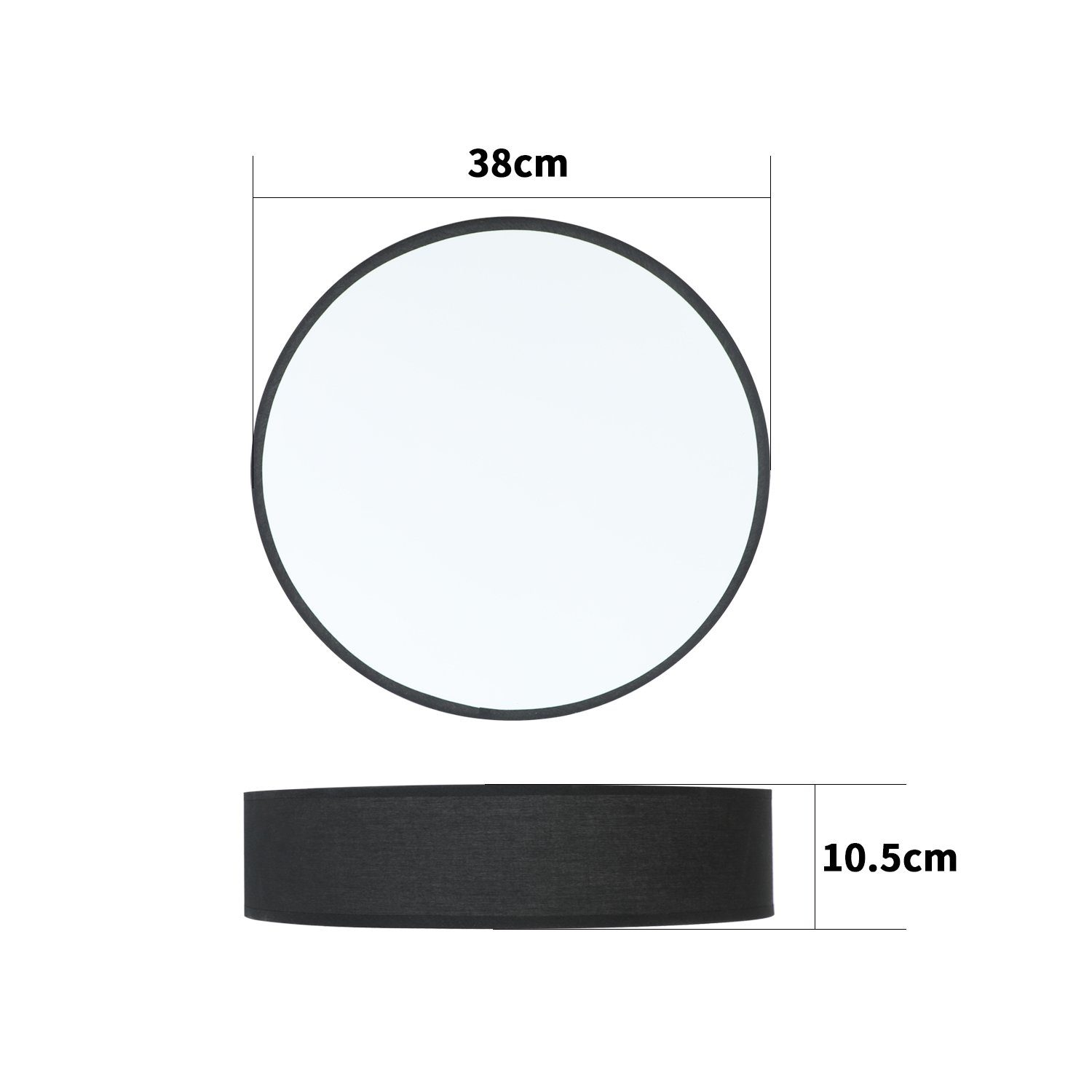 Pantalla de lámpara redonda y negra con interior blanco, de 38 cm de diámetro y 10,5 cm de altura.