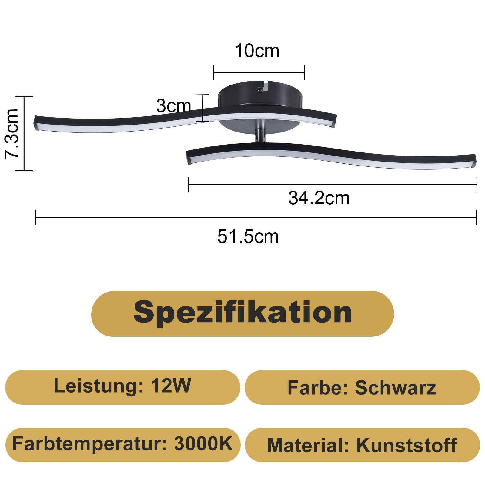 Un moderno apparecchio di illuminazione a soffitto con dimensioni e testo, 12W, Nero, 3000K e plastica.
