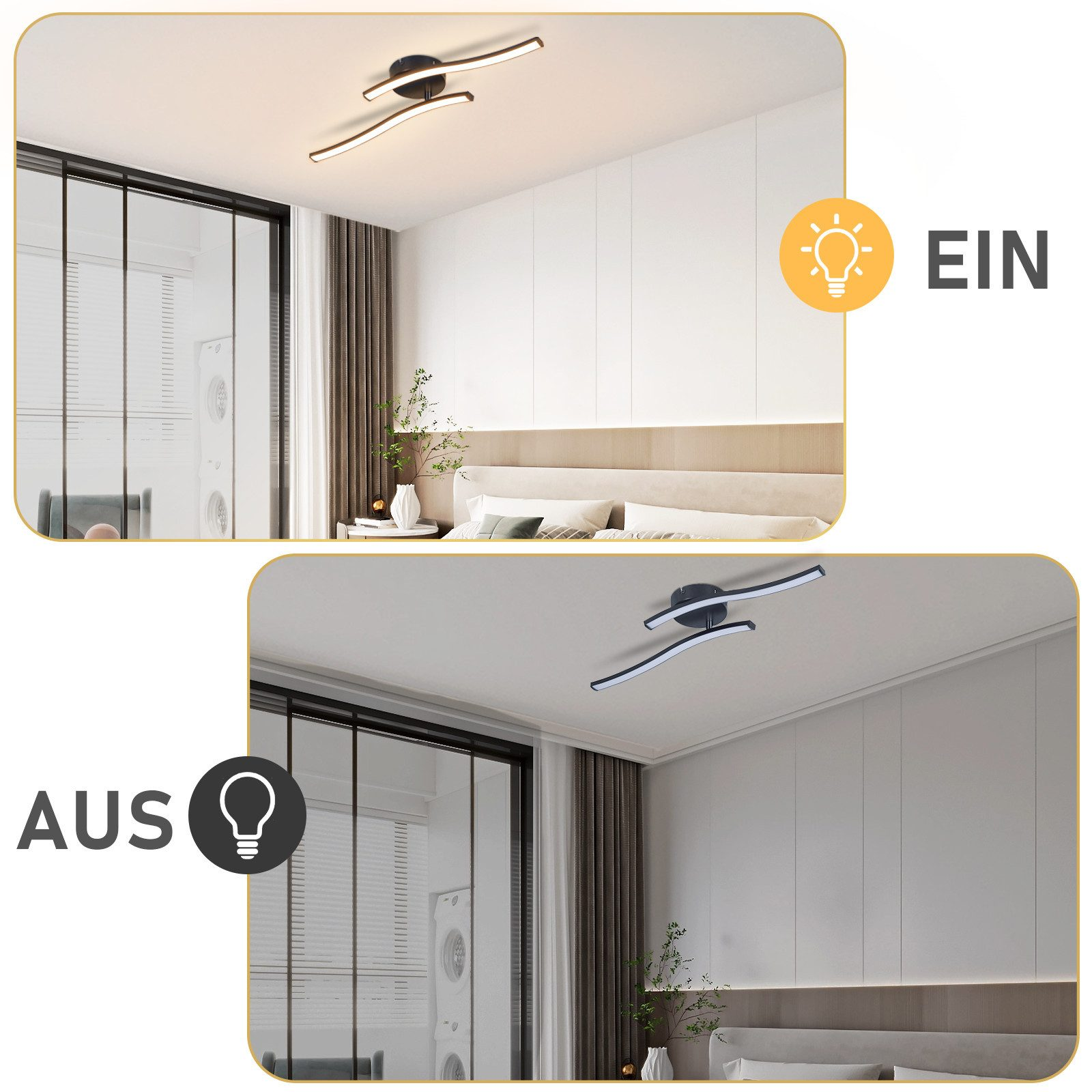 Due immagini di una moderna plafoniera, che mostrano gli stati acceso e spento.