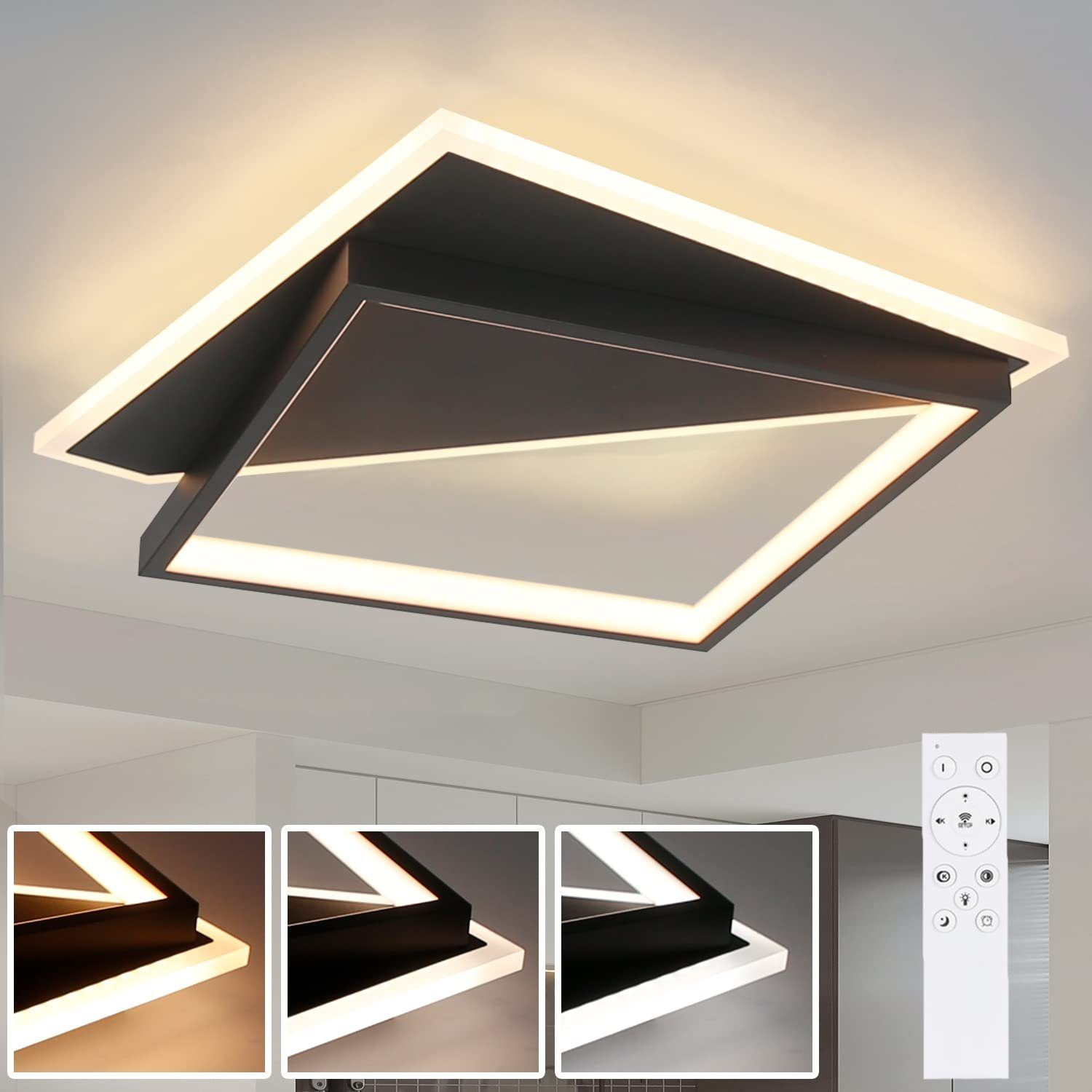 Moderne Deckenleuchte mit drei Lichteinstellungen und Fernbedienung zur Helligkeitsanpassung.