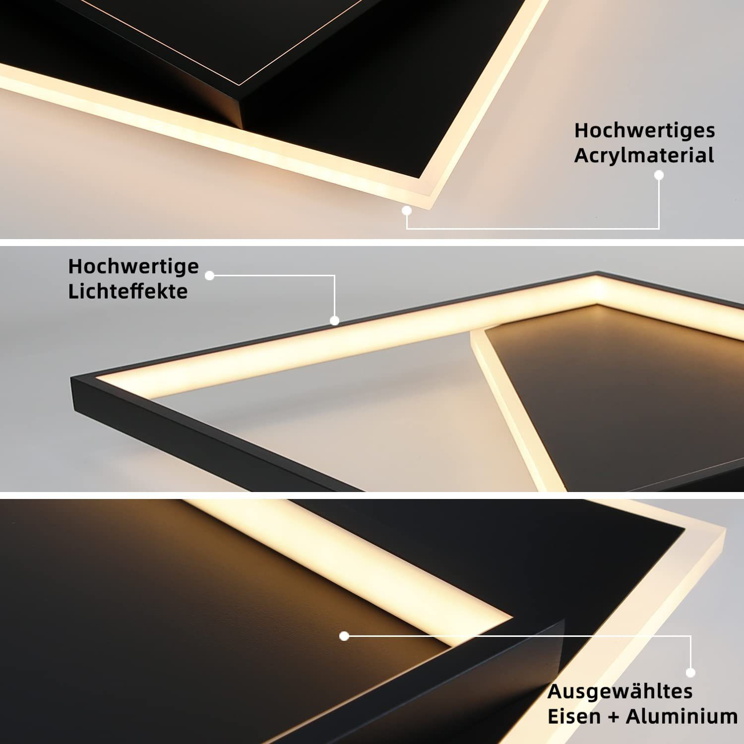 Nahaufnahme einer schwarzen geometrischen Leuchte mit weißen Kanten, die hochwertiges Acryl- und Metallmaterial zeigt.