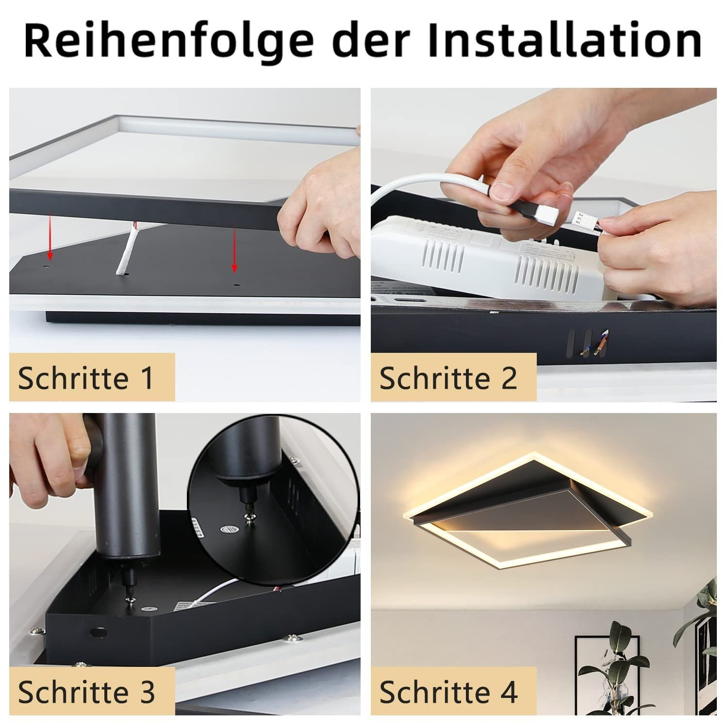 Vier-Schritte-Deckenleuchten-Installationsanleitung mit Händen, die mit Komponenten interagieren.