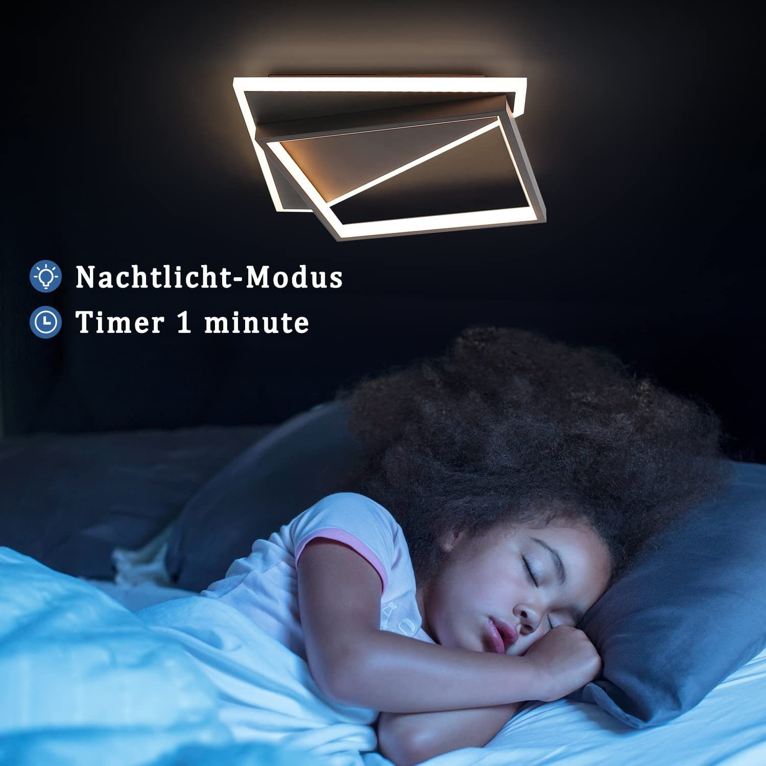 Moderne Deckenleuchte mit schlafendem Kind, Nachtmodus und Timer.