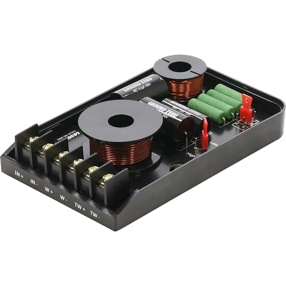 Schwarzer elektronischer Frequenzweichenfilter mit Spulen und Anschlüssen. Komponenten sind beschriftet.